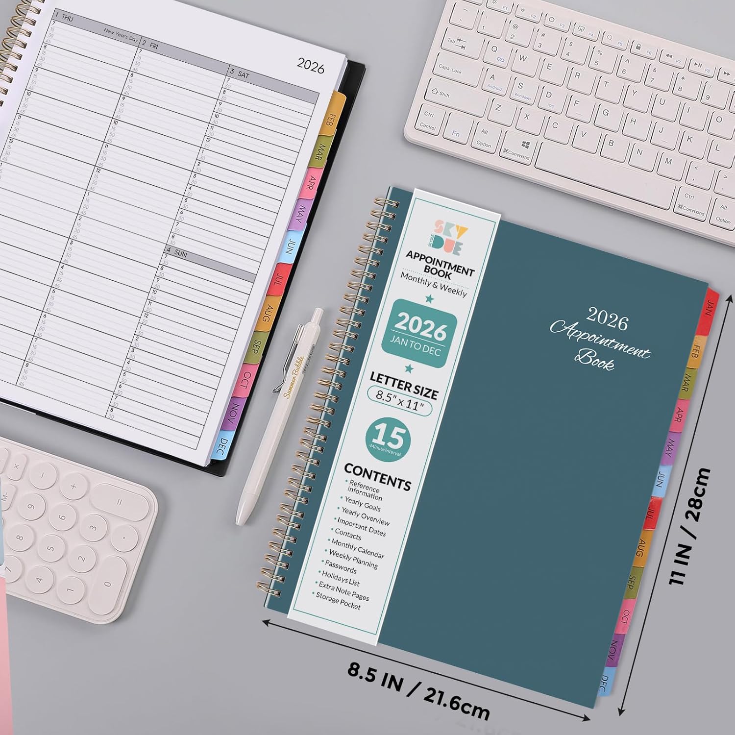 SKYDUE Appointment Book 2026-2027, Academic Hourly Planner from July 2026 - June 2027, 8.5" x 11" Weekly & Monthly Schedule Planner with 15-Minute Interval- Perfect for Daily Planning White Flower