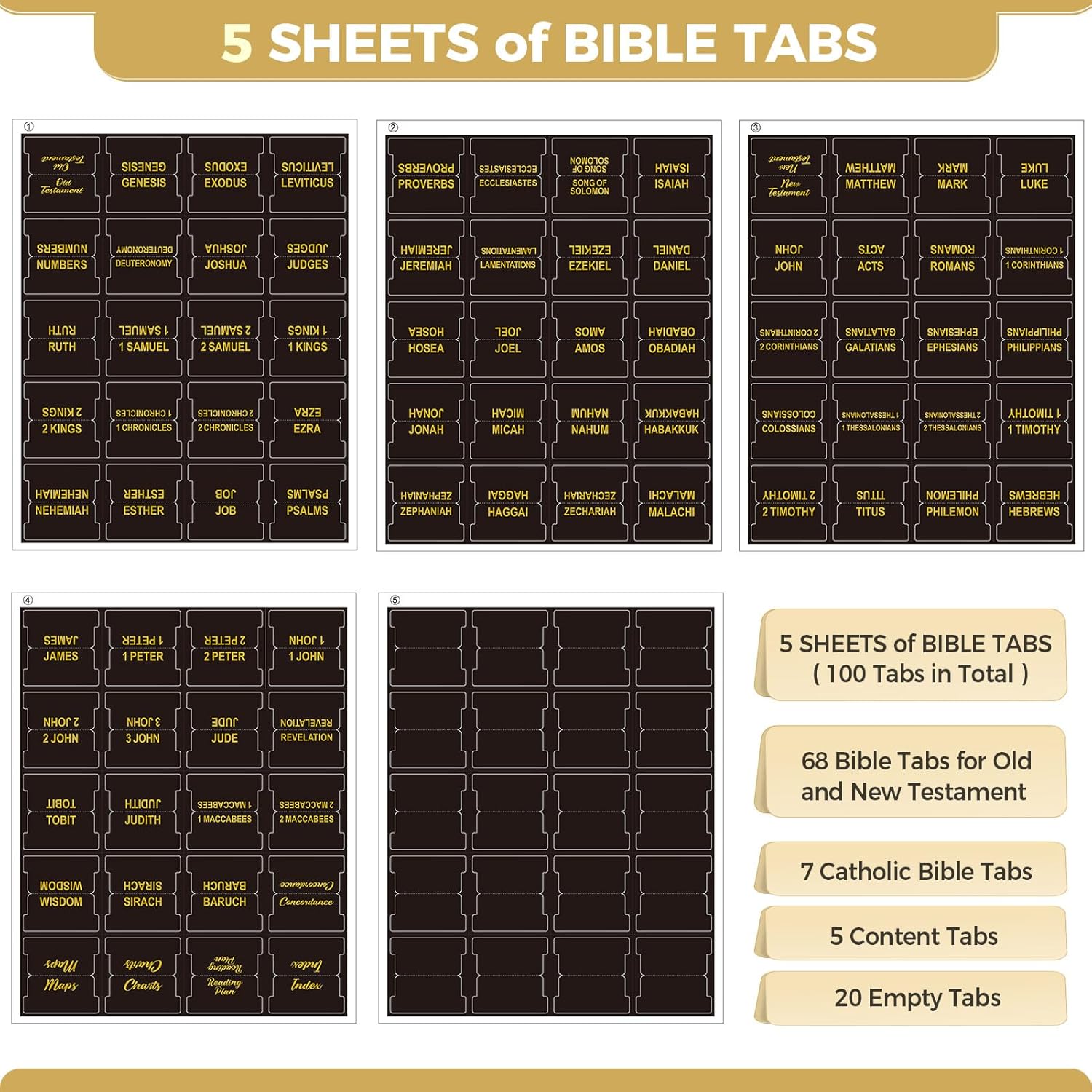 Laminated Bible Tabs for Women, 100 Tabs, Bible Book Tabs for Study Bible, Large Print Bible Chapter Tabs(Gold Foil Embossed Lettering), Bible Study Supplies, Cream Bible Labels Tabs