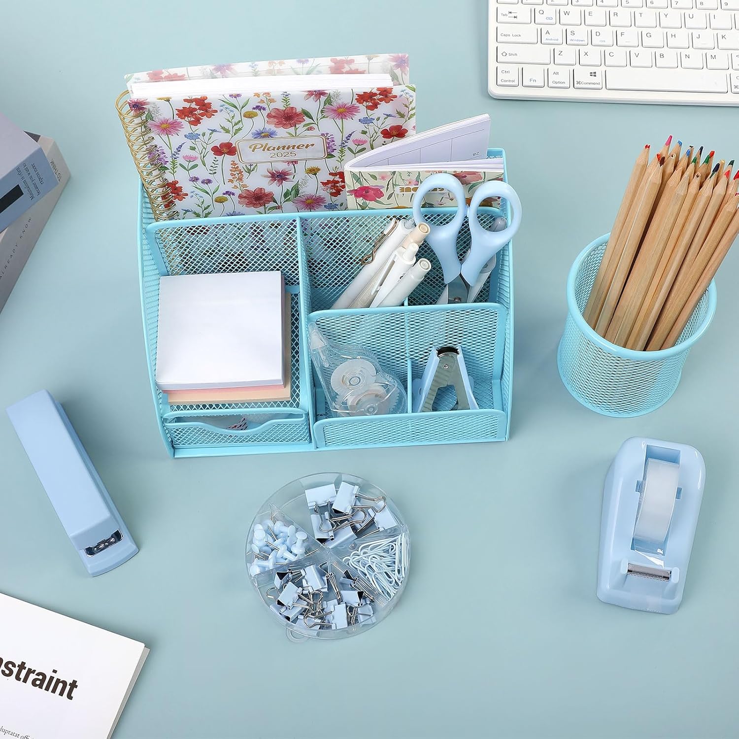SKYDUE Pink Desk Accessories, Pink Office Supplies Set, Mesh Desk Organizer, Stapler, Tape Dispenser, Scissors, Binder/Paper Clips and 1000pcs Staples,Desk Organizer for Women