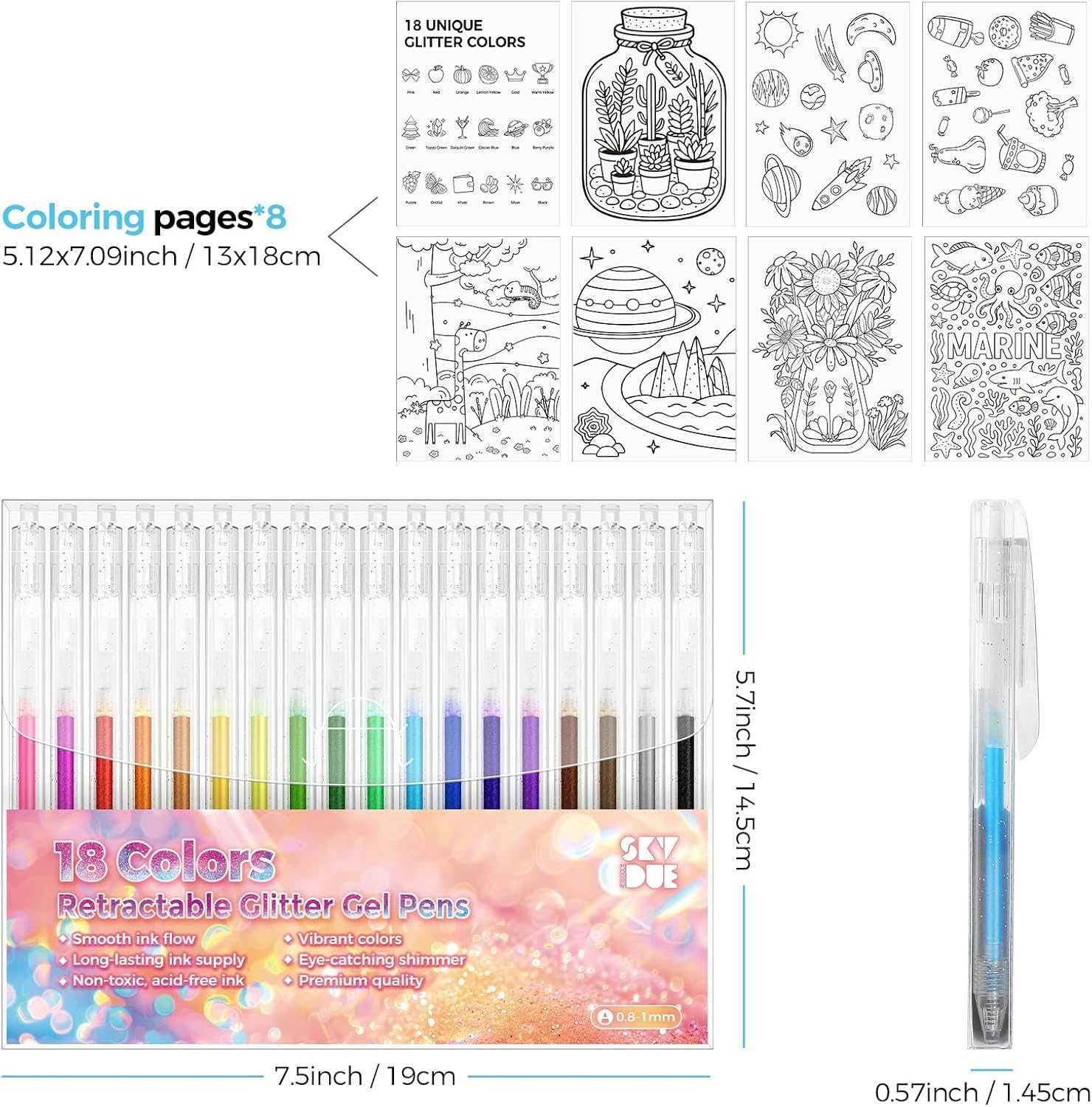 SKYDUE 18 Color Glitter Gel Pens, Retractable Sparkle Glitter Pens for Coloring Books, Adult, Kids, Art Creators