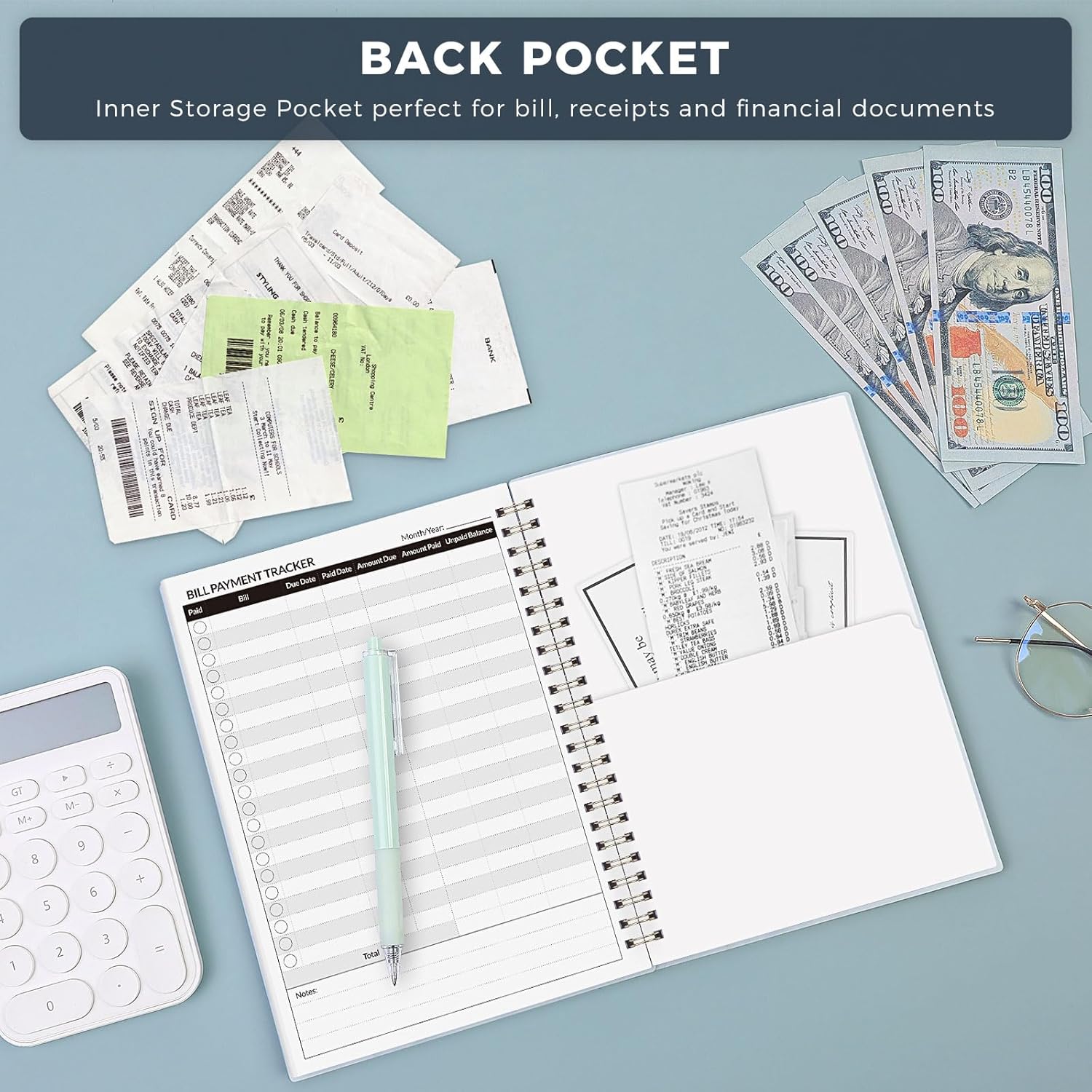 Bill Tracker Notebook, Monthly Bill Payment Checklist, 6" x 8.5", Bill Organizer with Back Pocket for Personal Budgeting Financial, 128 Pages