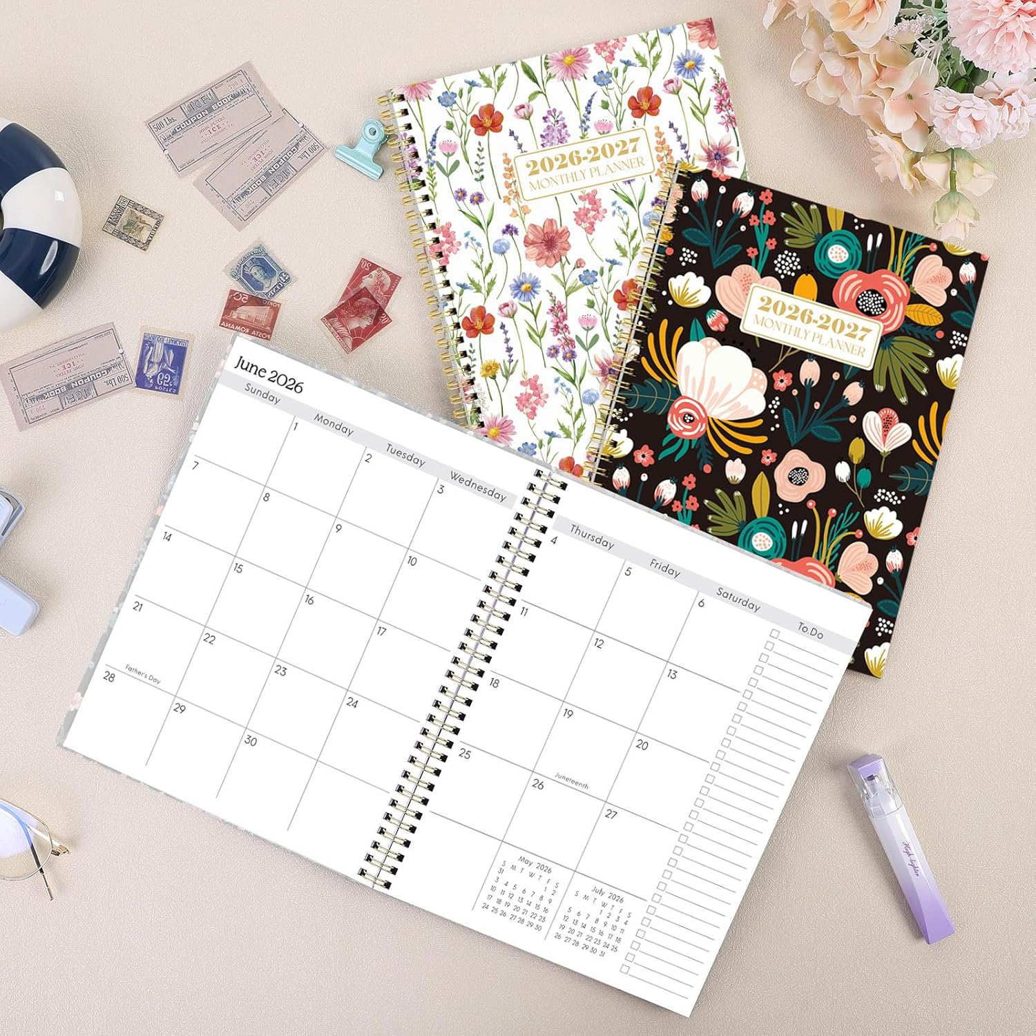 SKYDUE Monthly Planner 2026-2027, 24 Months Calendar Planner 2026-2027, 7.5" x 10" B5 Planner, Twin-wire Spiral Bound, Durable Waterproof Cover, Thick No-Bleed Paper, Floral