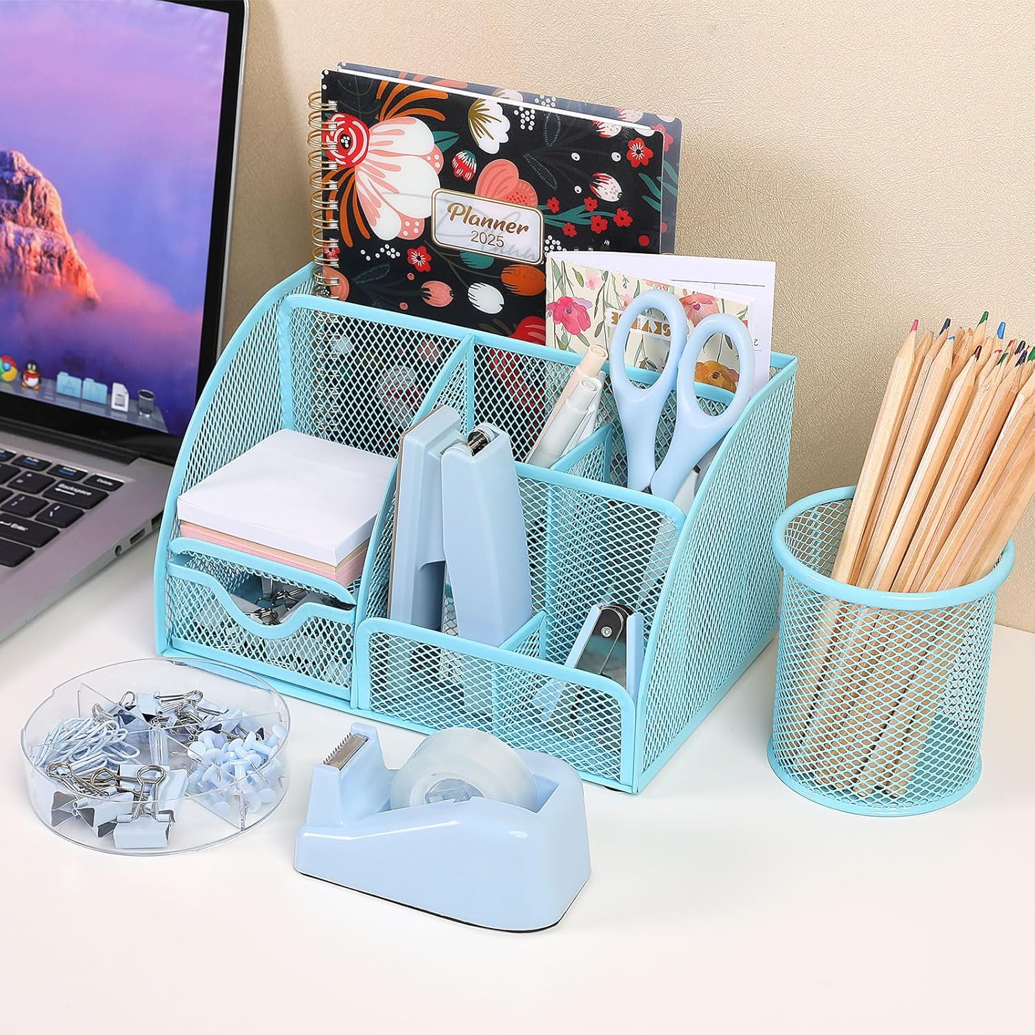 SKYDUE Pink Desk Accessories, Pink Office Supplies Set, Mesh Desk Organizer, Stapler, Tape Dispenser, Scissors, Binder/Paper Clips and 1000pcs Staples,Desk Organizer for Women