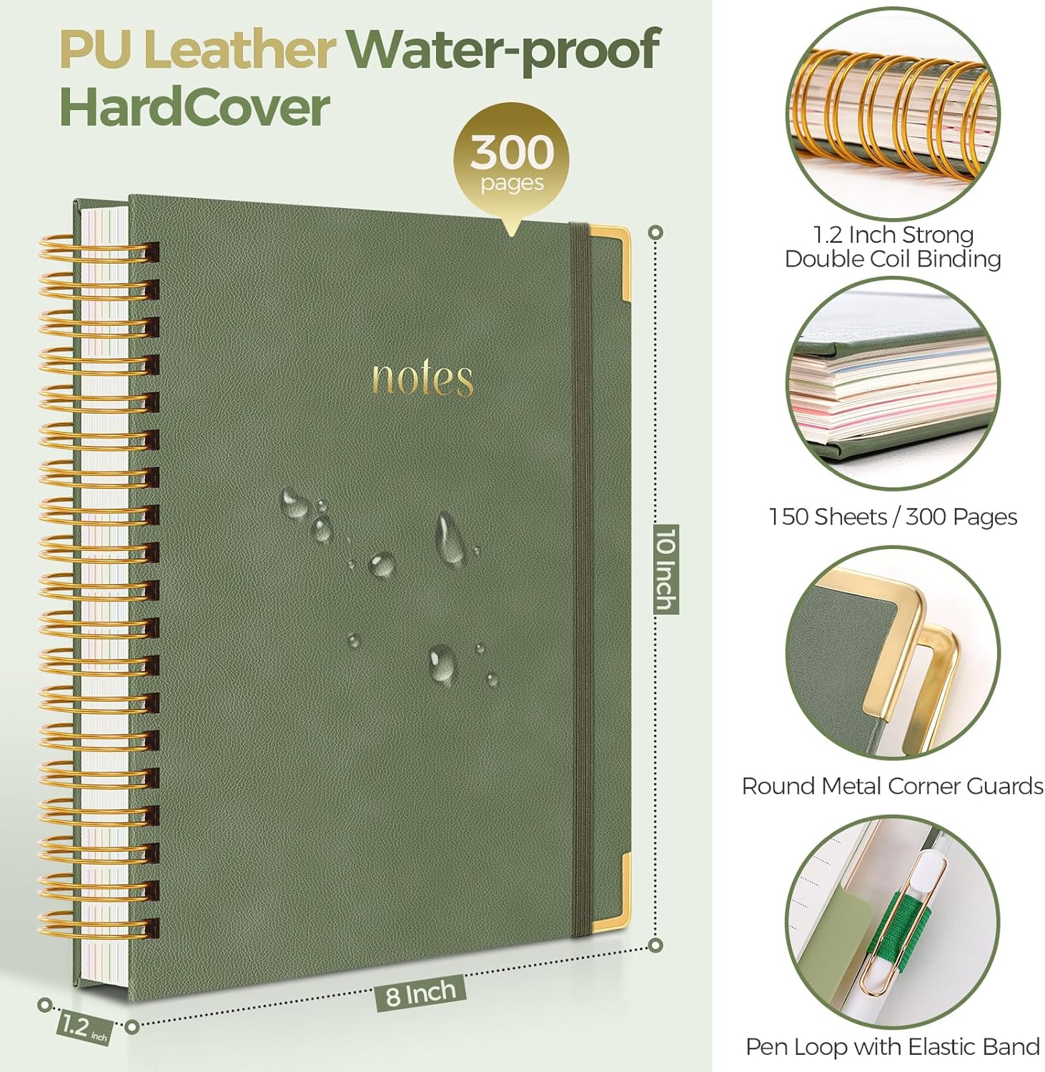 SKYDUE Hardcover Spiral Notebook, 300 Pages 8" x 10" College Ruled Notebook for Work with Dividers & Pockets, 5 Subject Notebook Journals for Women, Double Wire Bound, Tab Stickers Included, Pink