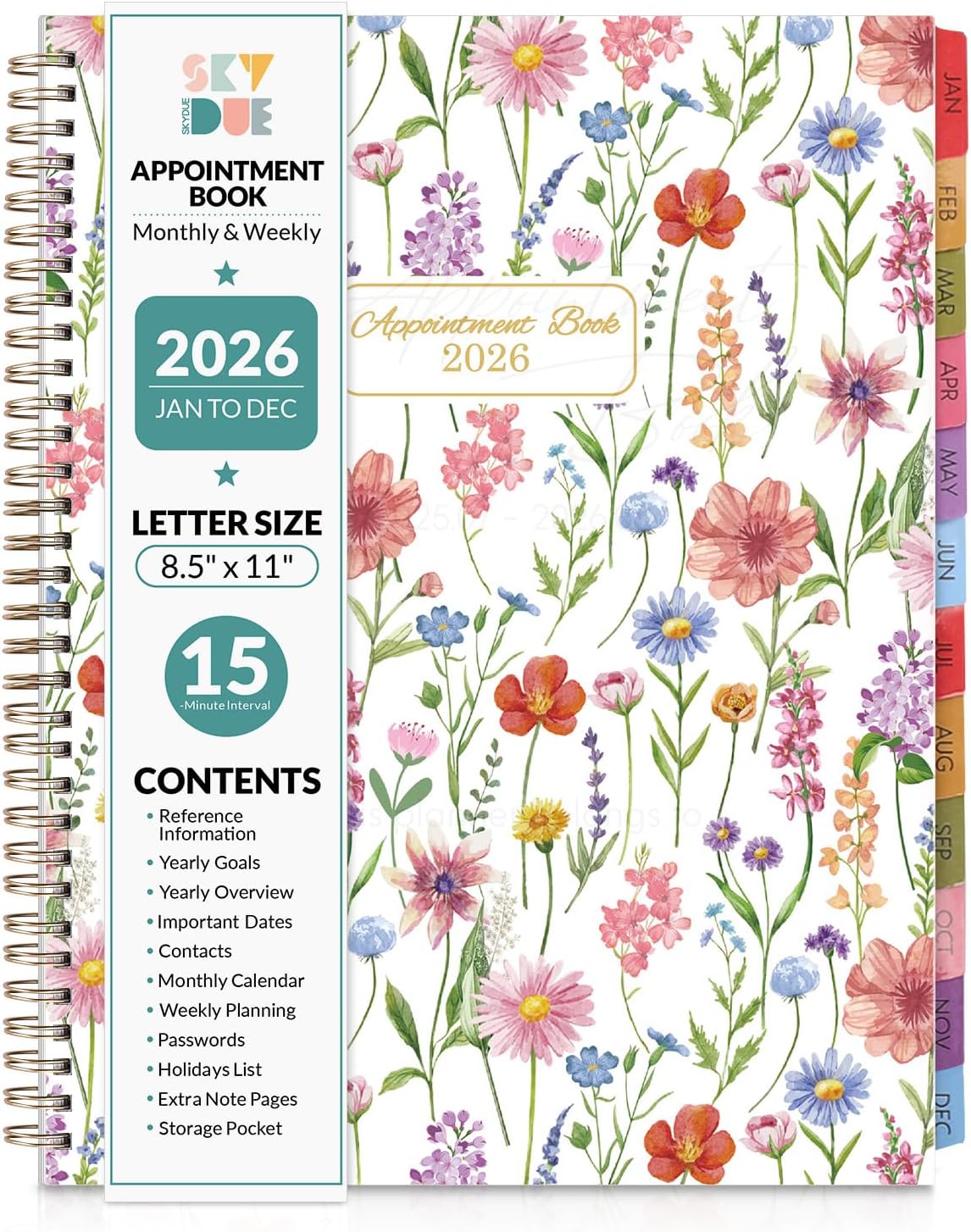 SKYDUE Appointment Book 2026-2027, Academic Hourly Planner from July 2026 - June 2027, 8.5" x 11" Weekly & Monthly Schedule Planner with 15-Minute Interval- Perfect for Daily Planning White Flower