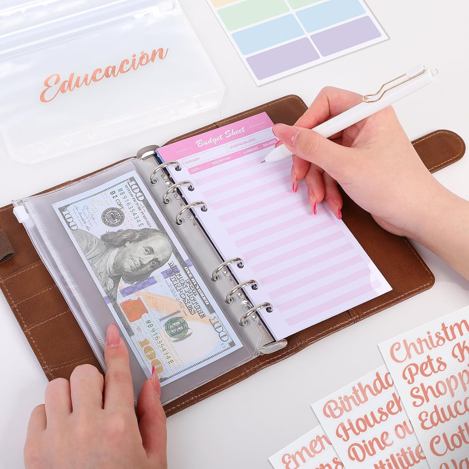 SKYDUE Budget Binder with 8pcs Zipper Envelopes,Money Organizer for Cash with 12pcs Expense Sheets & 24 Rose Gold Sticky Labels