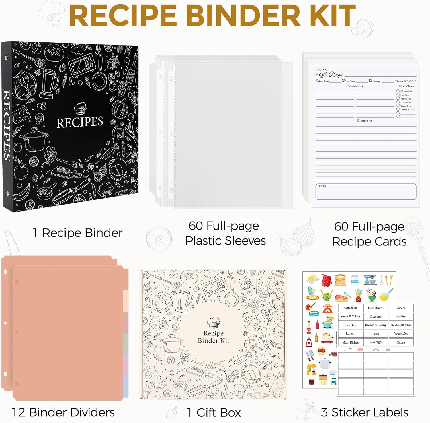 Recipe Binder 8.5x11 3 Ring, 1" Round Rings, Recipe Book to Write in Your own Recipes, Recipe Binder with 60 Plastic Sleeves, 12 Dividers, 60 Blank Recipe Cards, Family Recipe Organizer