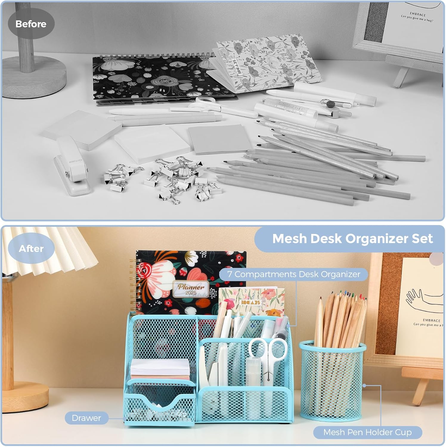 SKYDUE Pink Desk Accessories, Pink Office Supplies Set, Mesh Desk Organizer, Stapler, Tape Dispenser, Scissors, Binder/Paper Clips and 1000pcs Staples,Desk Organizer for Women