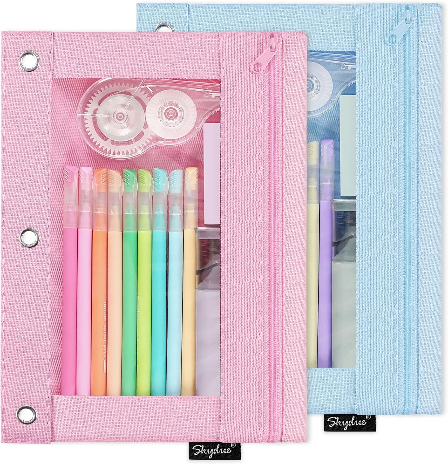 SKYDUE Pencil Pouch for 3 Ring Binder, Zipper Pencil Pouches for Girls Boys, Clear Window Pencil Case for Binder, Binder Pencil Pouch, Pencil Bag with Zipper,Pink & Purple