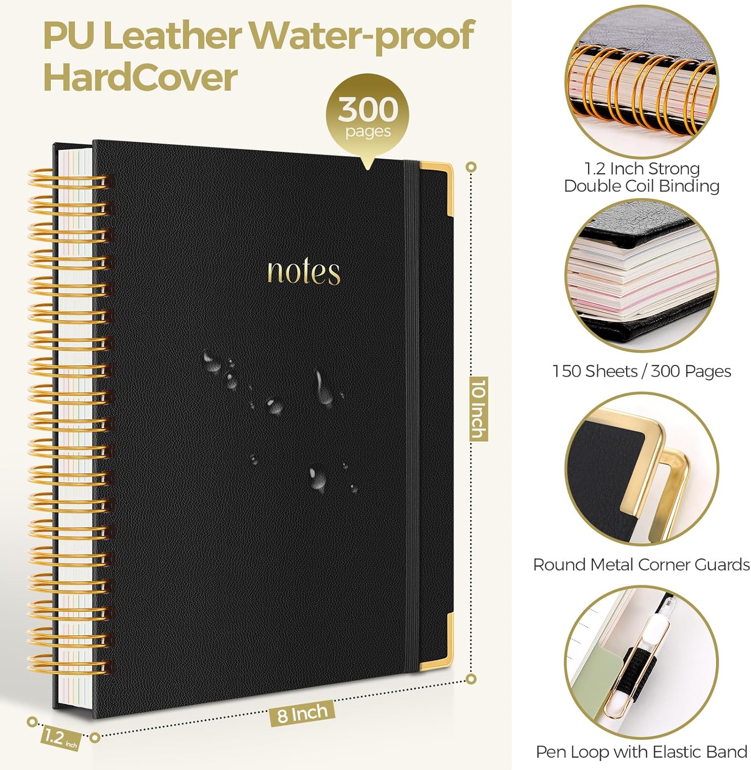 SKYDUE Hardcover Spiral Notebook, 300 Pages 8" x 10" College Ruled Notebook for Work with Dividers & Pockets, 5 Subject Notebook Journals for Women, Double Wire Bound, Tab Stickers Included, Pink