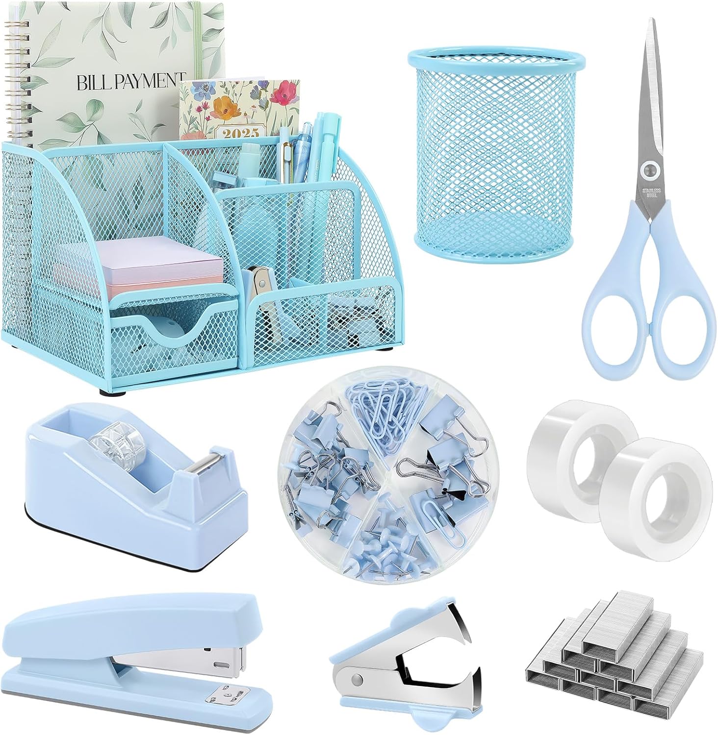 SKYDUE Pink Desk Accessories, Pink Office Supplies Set, Mesh Desk Organizer, Stapler, Tape Dispenser, Scissors, Binder/Paper Clips and 1000pcs Staples,Desk Organizer for Women