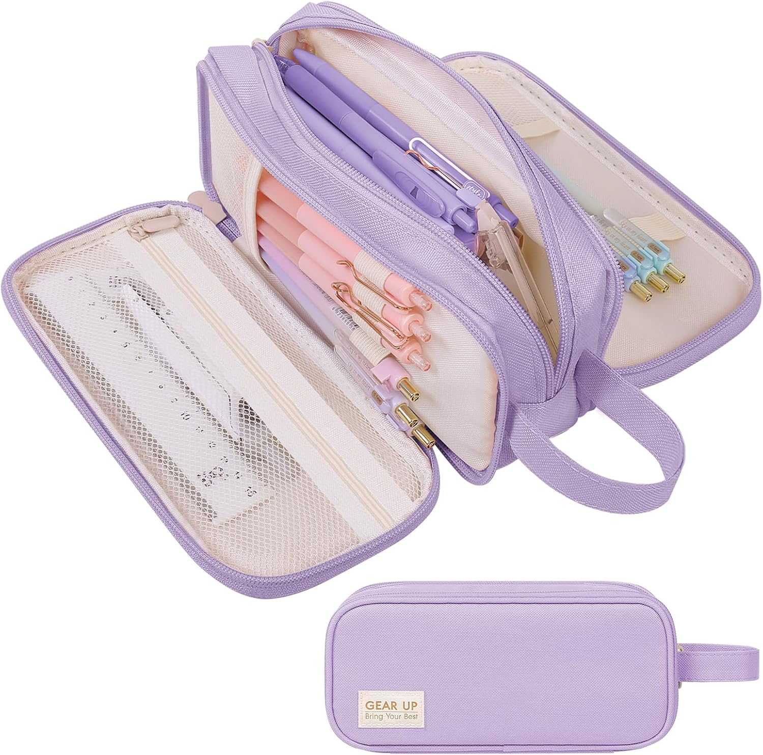 SKYDUE Large Capacity Pencil Case with 3 Compartments, Canvas Stationery Bag with Handle for Students Adults, Aesthetic Pen Holder Organizer for Office School Supplies, Purple