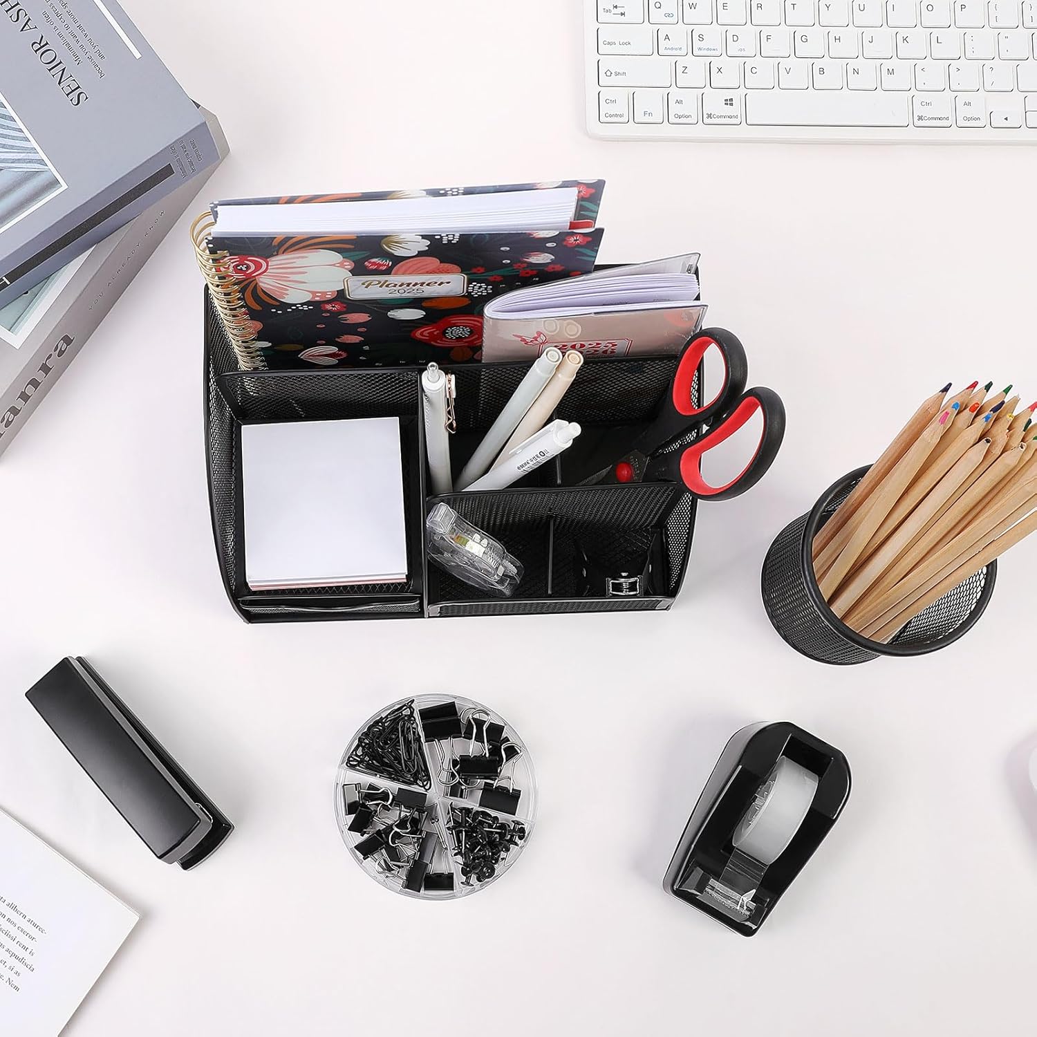SKYDUE Pink Desk Accessories, Pink Office Supplies Set, Mesh Desk Organizer, Stapler, Tape Dispenser, Scissors, Binder/Paper Clips and 1000pcs Staples,Desk Organizer for Women