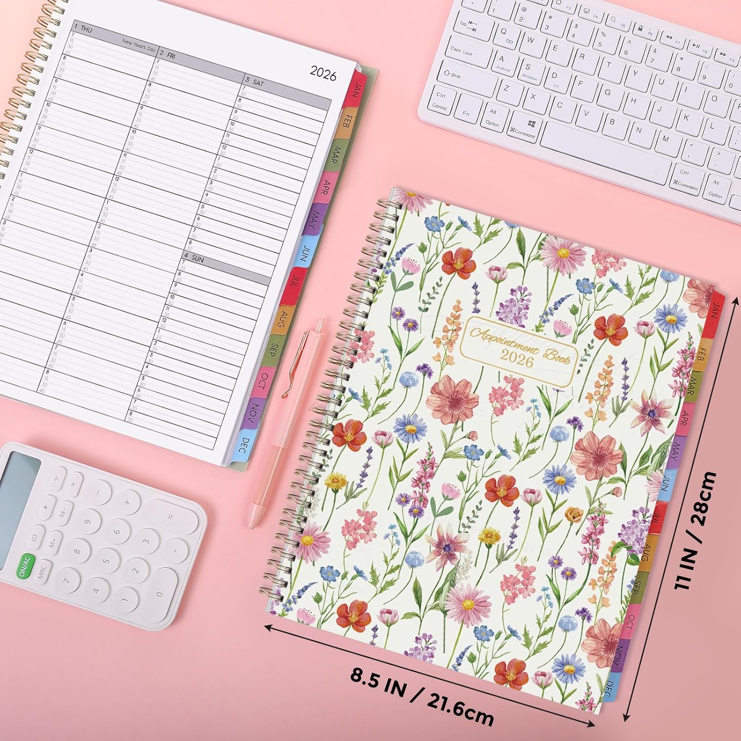SKYDUE Appointment Book 2026-2027, Academic Hourly Planner from July 2026 - June 2027, 8.5" x 11" Weekly & Monthly Schedule Planner with 15-Minute Interval- Perfect for Daily Planning White Flower