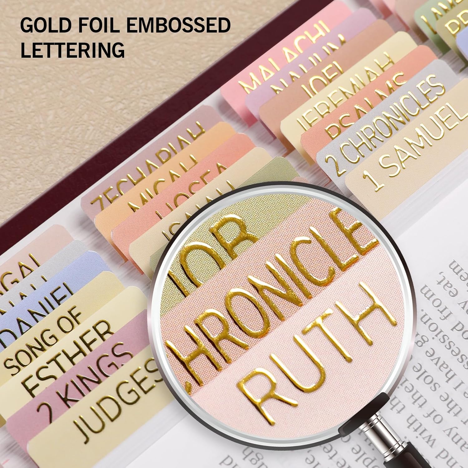 Laminated Bible Tabs for Women, 100 Tabs, Bible Book Tabs for Study Bible, Large Print Bible Chapter Tabs(Gold Foil Embossed Lettering), Bible Study Supplies, Cream Bible Labels Tabs