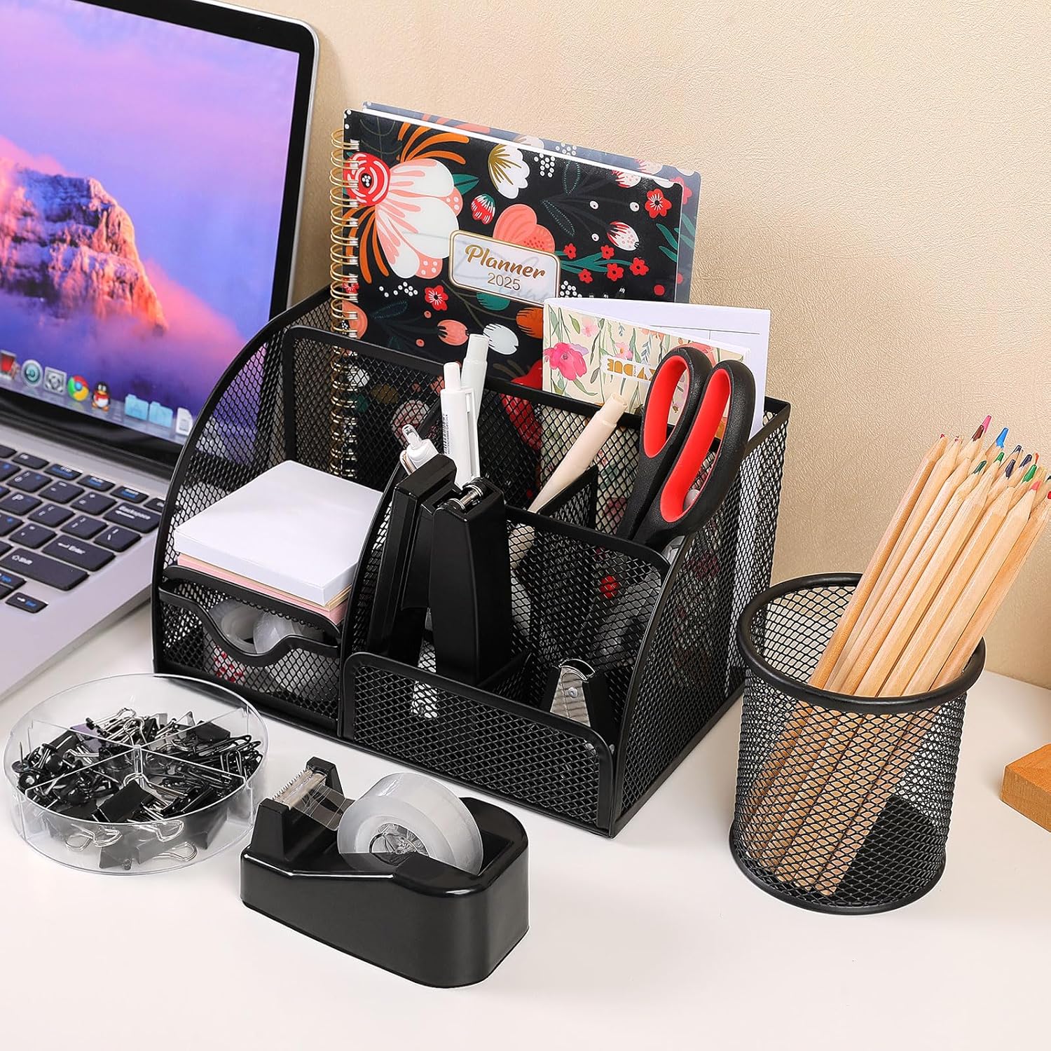 SKYDUE Pink Desk Accessories, Pink Office Supplies Set, Mesh Desk Organizer, Stapler, Tape Dispenser, Scissors, Binder/Paper Clips and 1000pcs Staples,Desk Organizer for Women