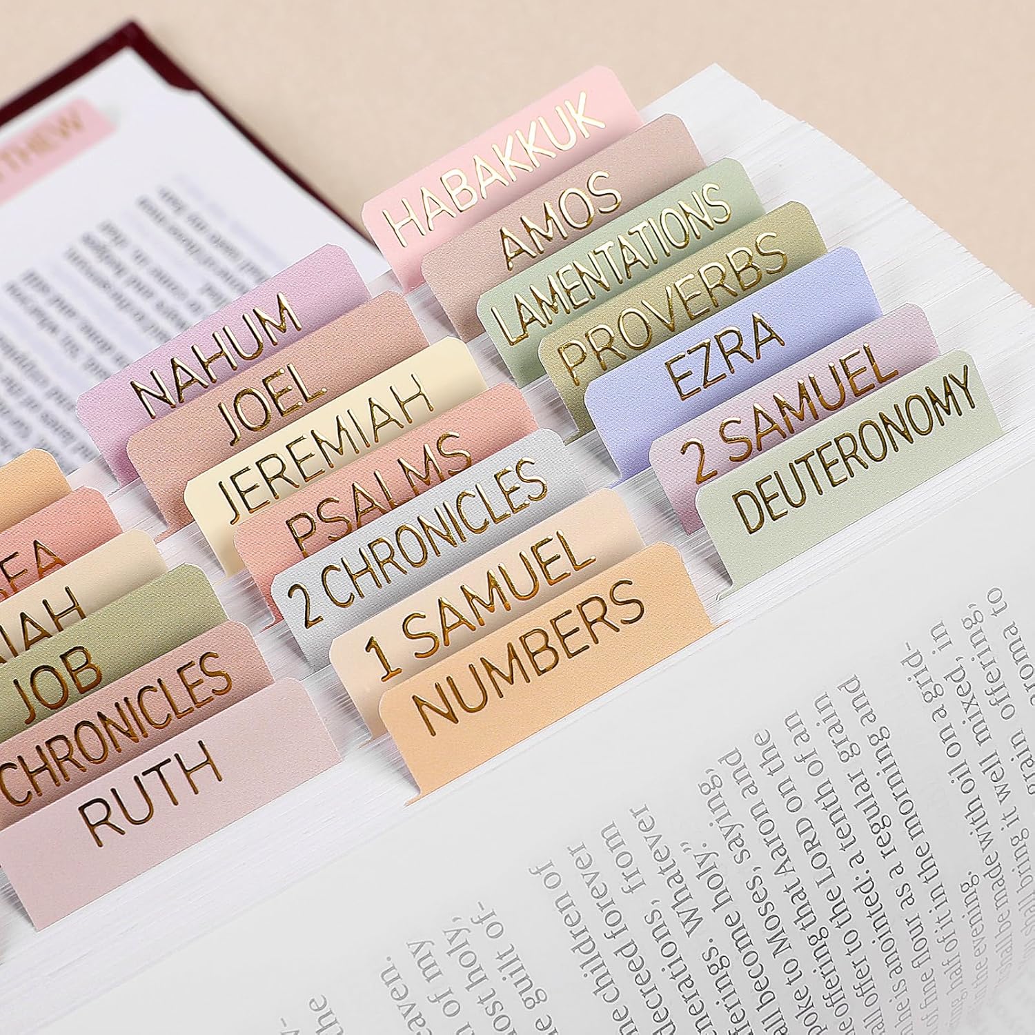 Laminated Bible Tabs for Women, 100 Tabs, Bible Book Tabs for Study Bible, Large Print Bible Chapter Tabs(Gold Foil Embossed Lettering), Bible Study Supplies, Cream Bible Labels Tabs