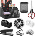 SKYDUE Pink Desk Accessories, Pink Office Supplies Set, Mesh Desk Organizer, Stapler, Tape Dispenser, Scissors, Binder/Paper Clips and 1000pcs Staples,Desk Organizer for Women