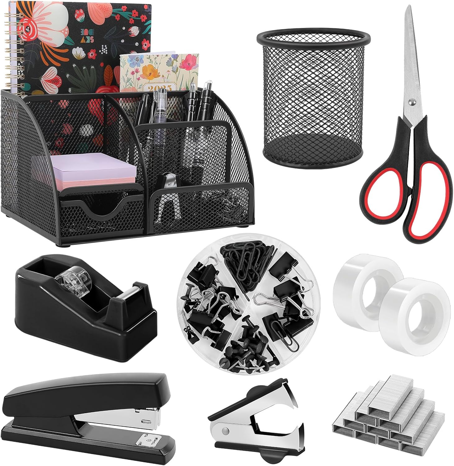 SKYDUE Pink Desk Accessories, Pink Office Supplies Set, Mesh Desk Organizer, Stapler, Tape Dispenser, Scissors, Binder/Paper Clips and 1000pcs Staples,Desk Organizer for Women