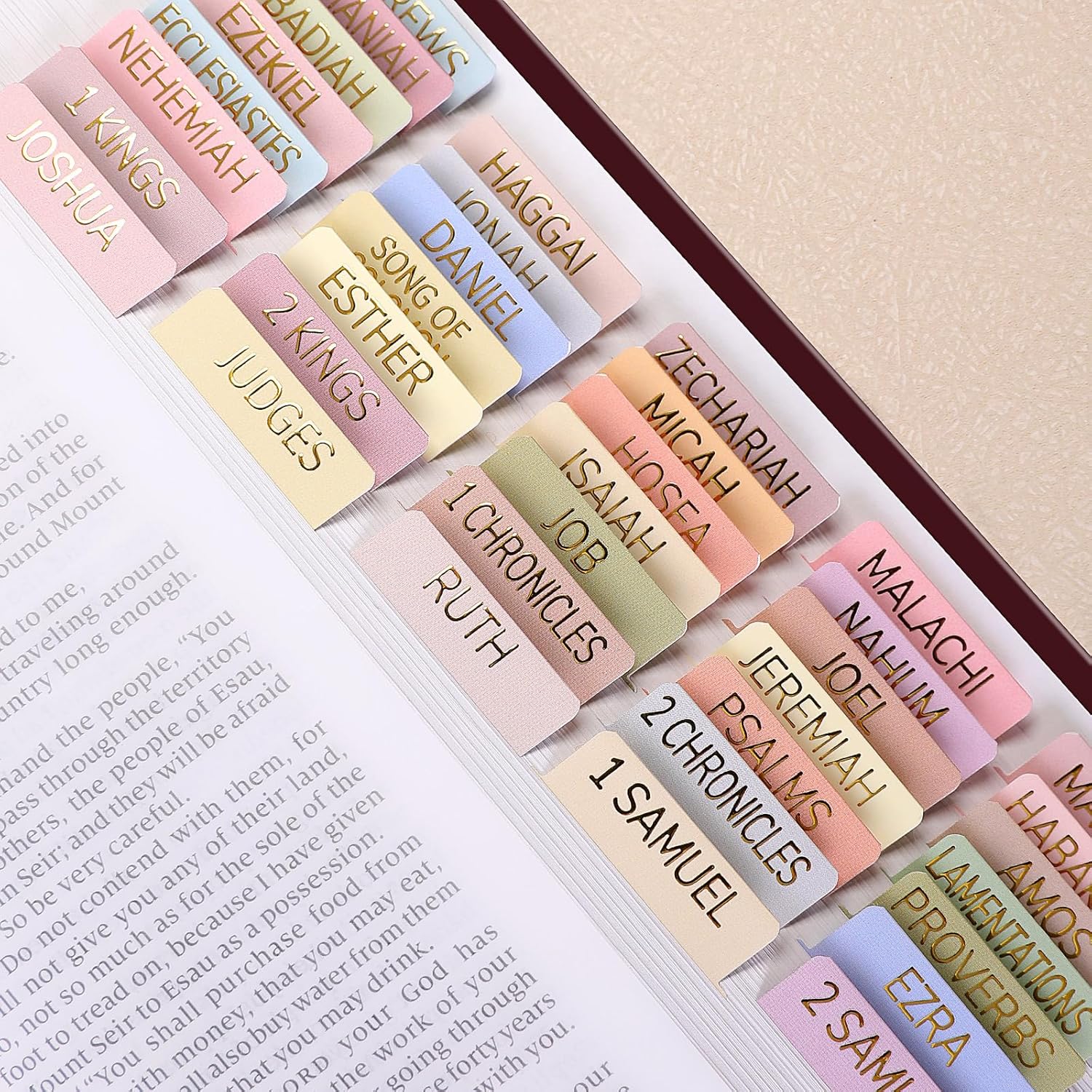 Laminated Bible Tabs for Women, 100 Tabs, Bible Book Tabs for Study Bible, Large Print Bible Chapter Tabs(Gold Foil Embossed Lettering), Bible Study Supplies, Cream Bible Labels Tabs
