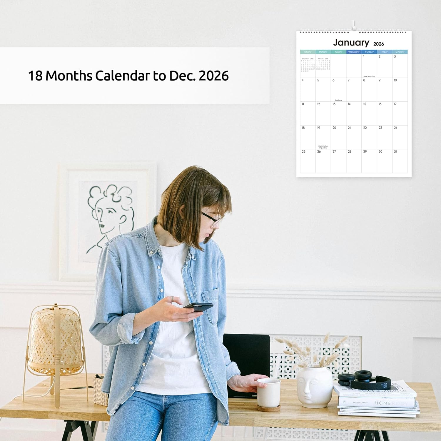 SKYDUE Wall Calendar 2026-2027, Jan 2026 to Jun 2027 18 Months 2026 Wall Calendar with Planner Stickers, 14.5" x 11.5", Black