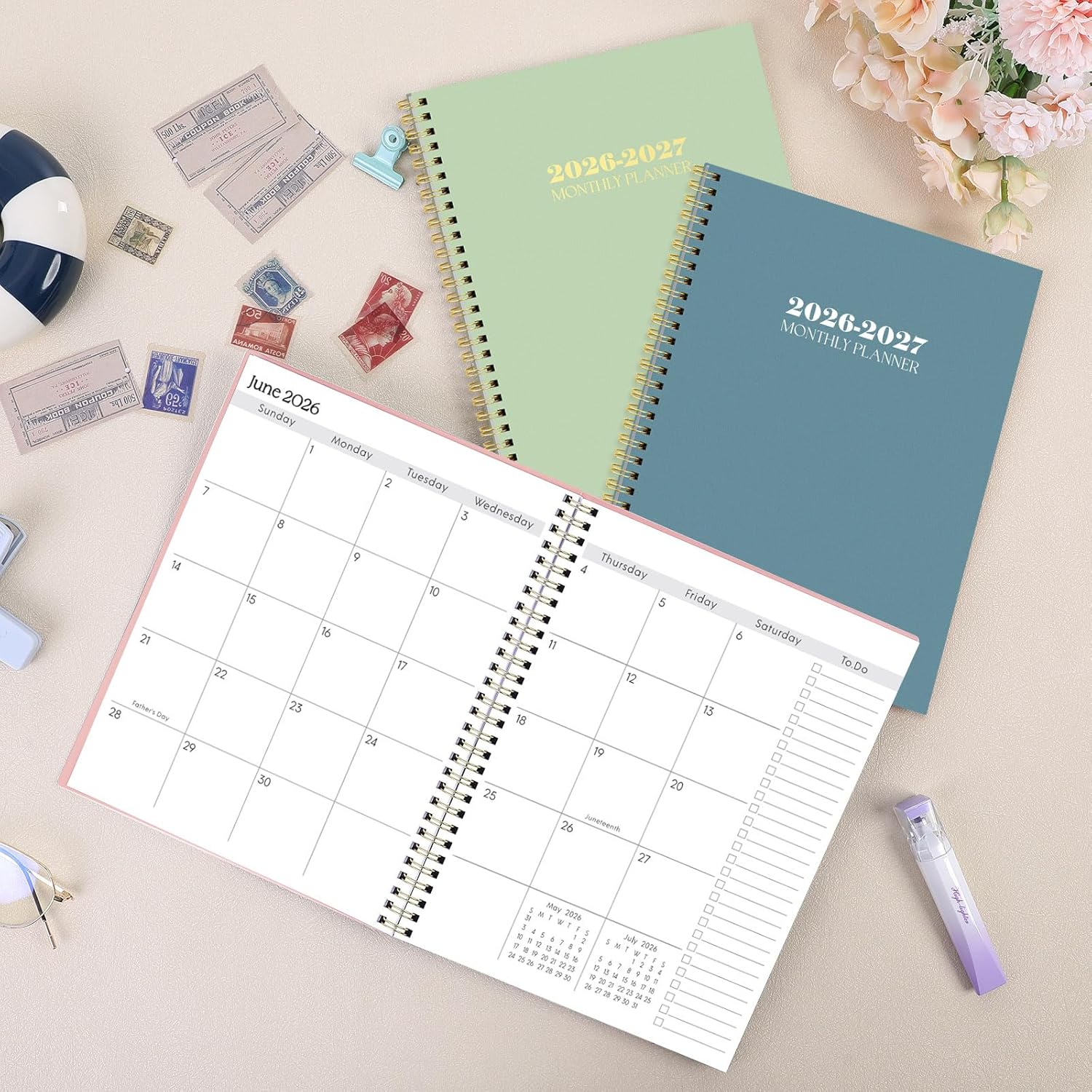 SKYDUE Monthly Planner 2026-2027, 24 Months Calendar Planner 2026-2027, 7.5" x 10" B5 Planner, Twin-wire Spiral Bound, Durable Waterproof Cover, Thick No-Bleed Paper, Floral