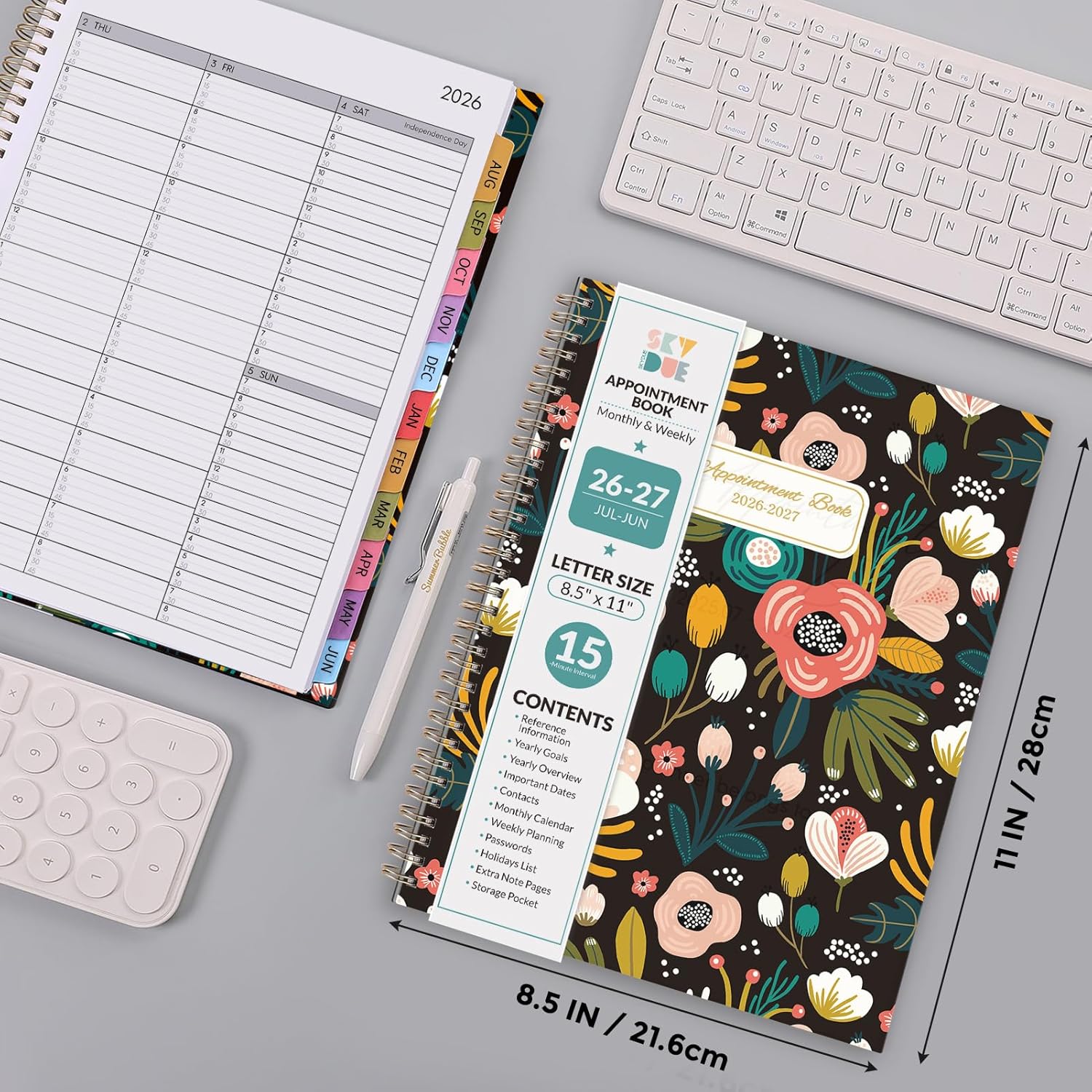 SKYDUE Appointment Book 2026-2027, Academic Hourly Planner from July 2026 - June 2027, 8.5" x 11" Weekly & Monthly Schedule Planner with 15-Minute Interval- Perfect for Daily Planning White Flower