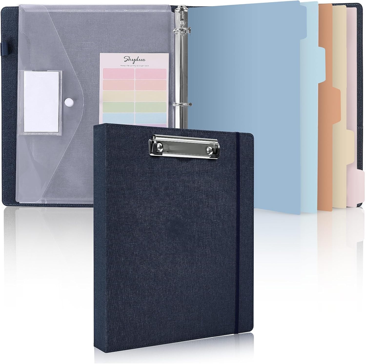 SKYDUE Clipboard Binder with Dividers,1 Inch Linen 3 Ring Binder with Clipboard on Front for Organizer, Clipboard Folder with Pocket, Labels Office Supplies OliveGreen
