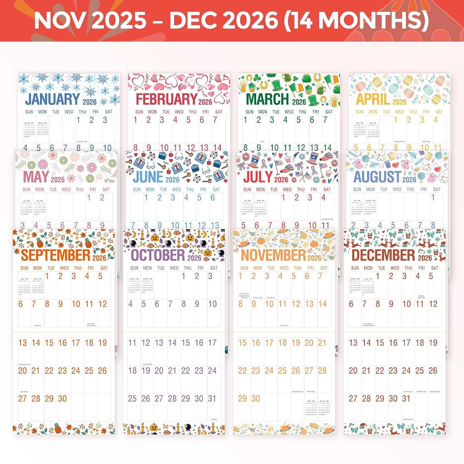 SKYDUE Calendar 2026, Large Print Monthly Wall Calendar, Nov 2025 - Dec 2026 14-Month Big Grid Wall Calendar for Home Office 12" x 24"(Open)