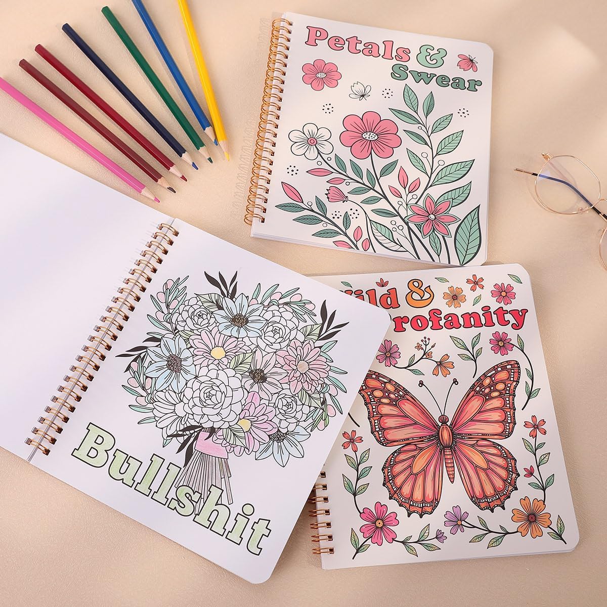 SKYDUE Aesthetic Adult Coloring Book Set of 2, Coloring Books for Adults Relaxation, Spiral Bound Funny Animal & Flower Designs for Stress Relief, Gift for Women and Men