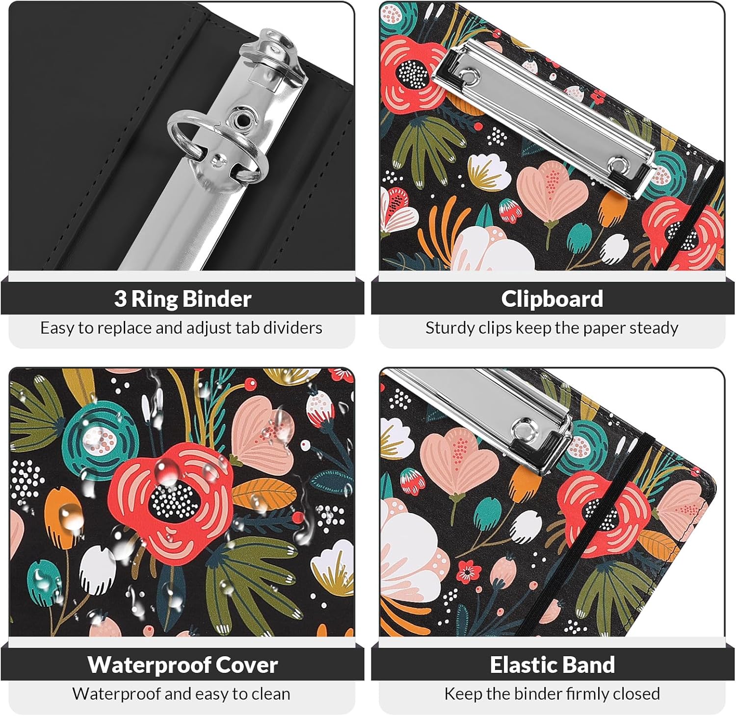 SKYDUE 1 Inch 3-Ring Binder with Clipboard, PU Aesthetic Binder with 5 Dividers, Notepad, Stickers & Pockets for Work and School (Letter Size)