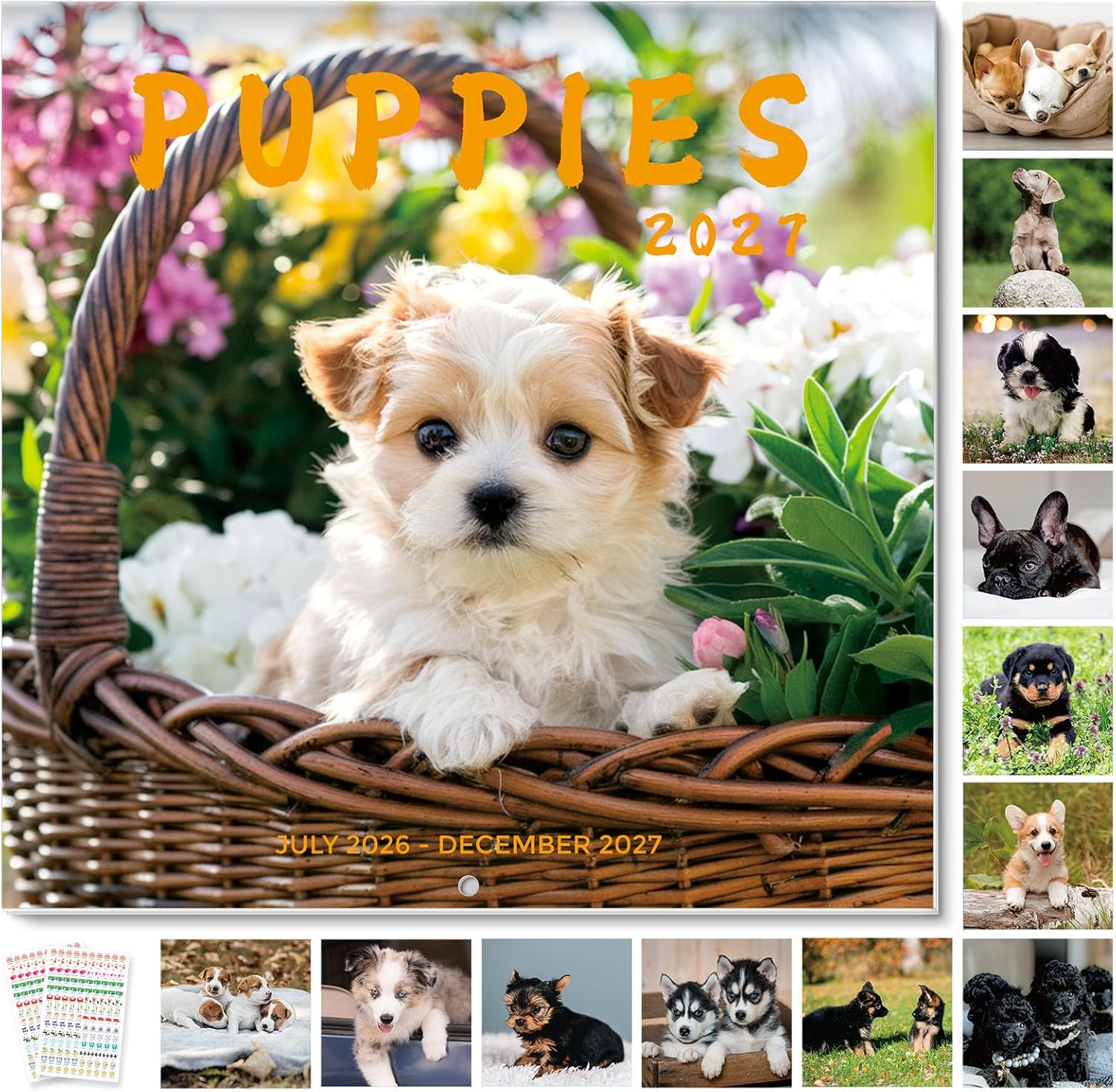 SKYDUE 2026 Wall Calendar 12"x24" Opened, 18-Month Puppy Dog Calendar from January 2026 to June 2027 with Stickers, Thick Paper Monthly Calendar for Home Office Organizing & Planning