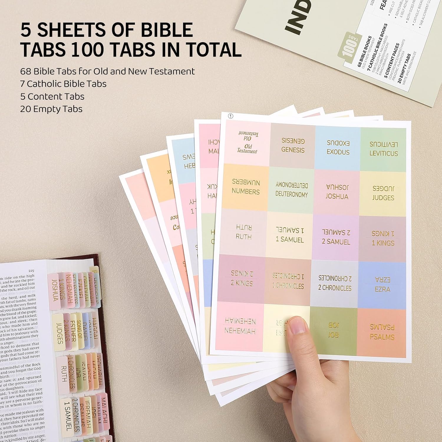 Laminated Bible Tabs for Women, 100 Tabs, Bible Book Tabs for Study Bible, Large Print Bible Chapter Tabs(Gold Foil Embossed Lettering), Bible Study Supplies, Cream Bible Labels Tabs