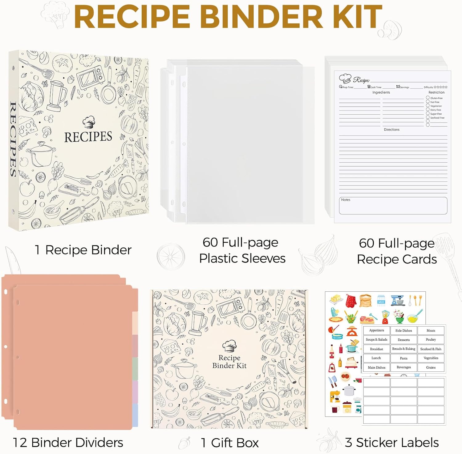 Recipe Binder 8.5x11 3 Ring, 1" Round Rings, Recipe Book to Write in Your own Recipes, Recipe Binder with 60 Plastic Sleeves, 12 Dividers, 60 Blank Recipe Cards, Family Recipe Organizer