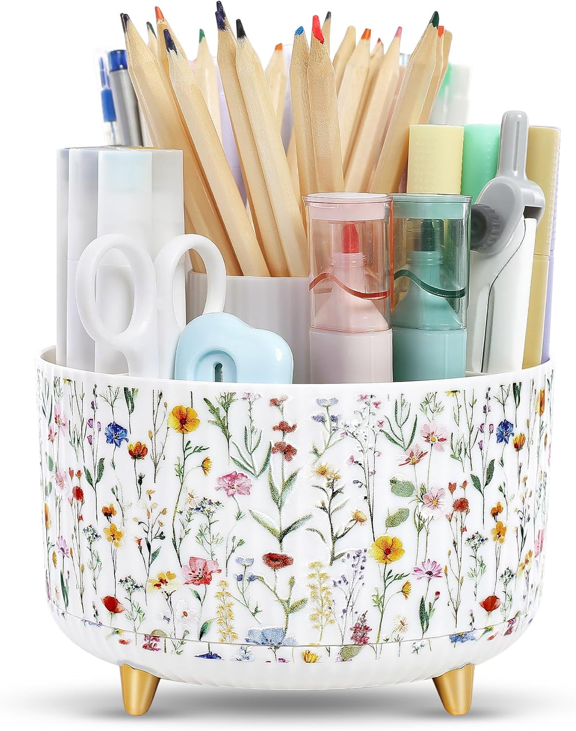 SKYDUE 360 Rotating Plastic Desk Pen Organizer with 5 Slots, Dual-Purpose Art Supply Pencil Cup for Office, School, Home