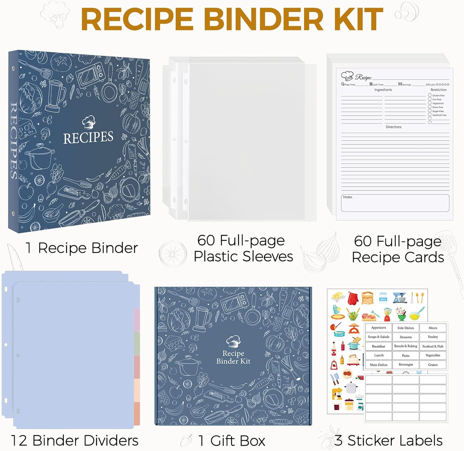 Recipe Binder 8.5x11 3 Ring, 1" Round Rings, Recipe Book to Write in Your own Recipes, Recipe Binder with 60 Plastic Sleeves, 12 Dividers, 60 Blank Recipe Cards, Family Recipe Organizer