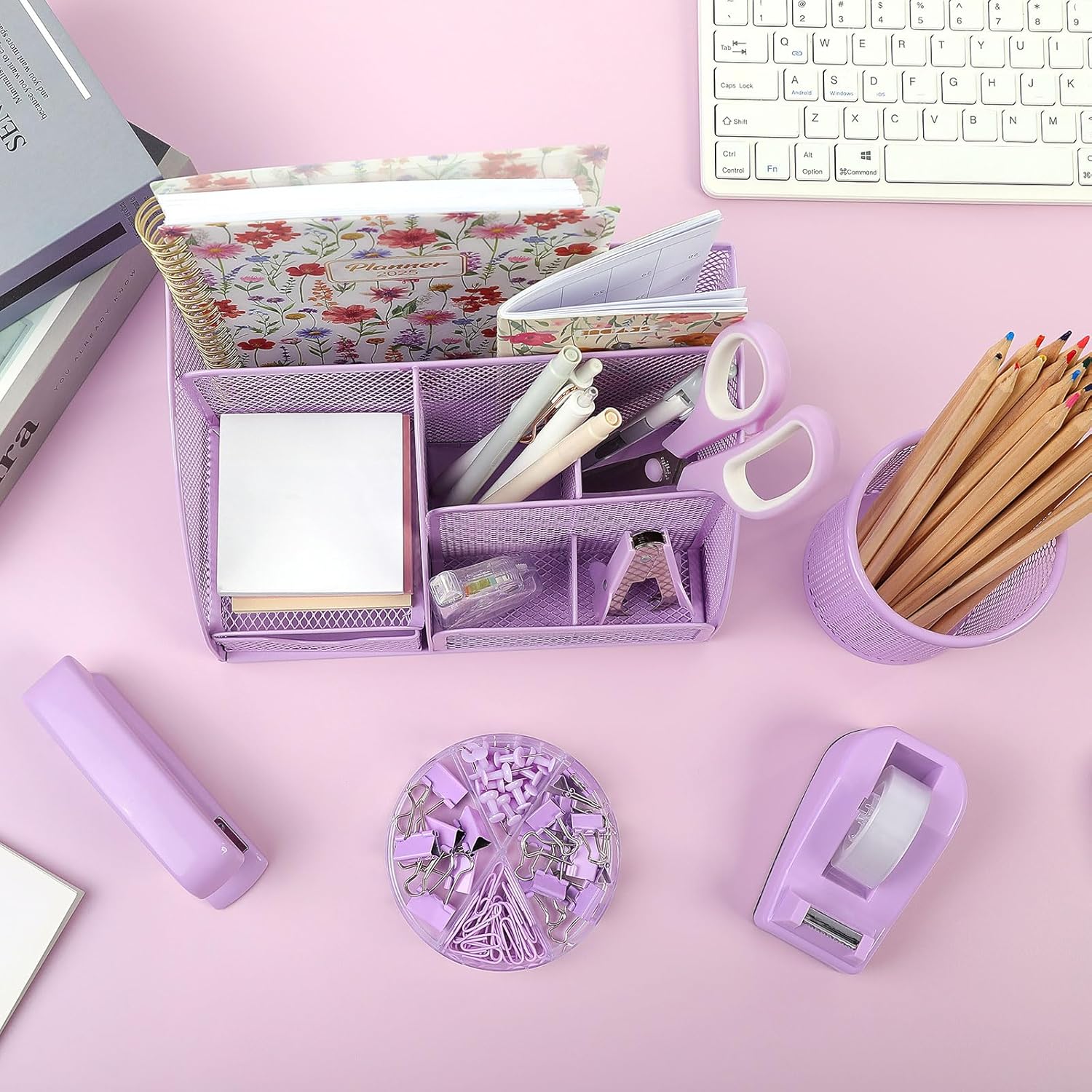 SKYDUE Pink Desk Accessories, Pink Office Supplies Set, Mesh Desk Organizer, Stapler, Tape Dispenser, Scissors, Binder/Paper Clips and 1000pcs Staples,Desk Organizer for Women