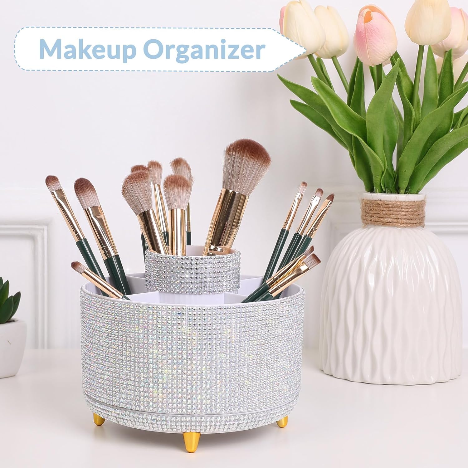 SKYDUE 360 Rotating Plastic Desk Pen Organizer with 5 Slots, Dual-Purpose Art Supply Pencil Cup for Office, School, Home