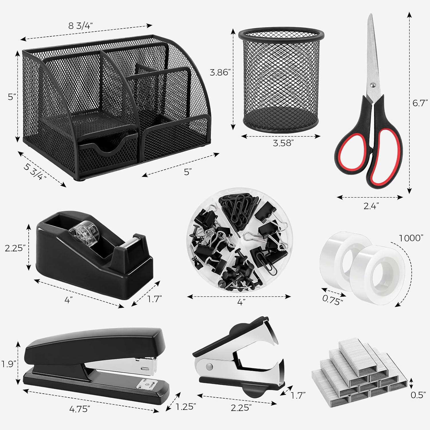 SKYDUE Pink Desk Accessories, Pink Office Supplies Set, Mesh Desk Organizer, Stapler, Tape Dispenser, Scissors, Binder/Paper Clips and 1000pcs Staples,Desk Organizer for Women
