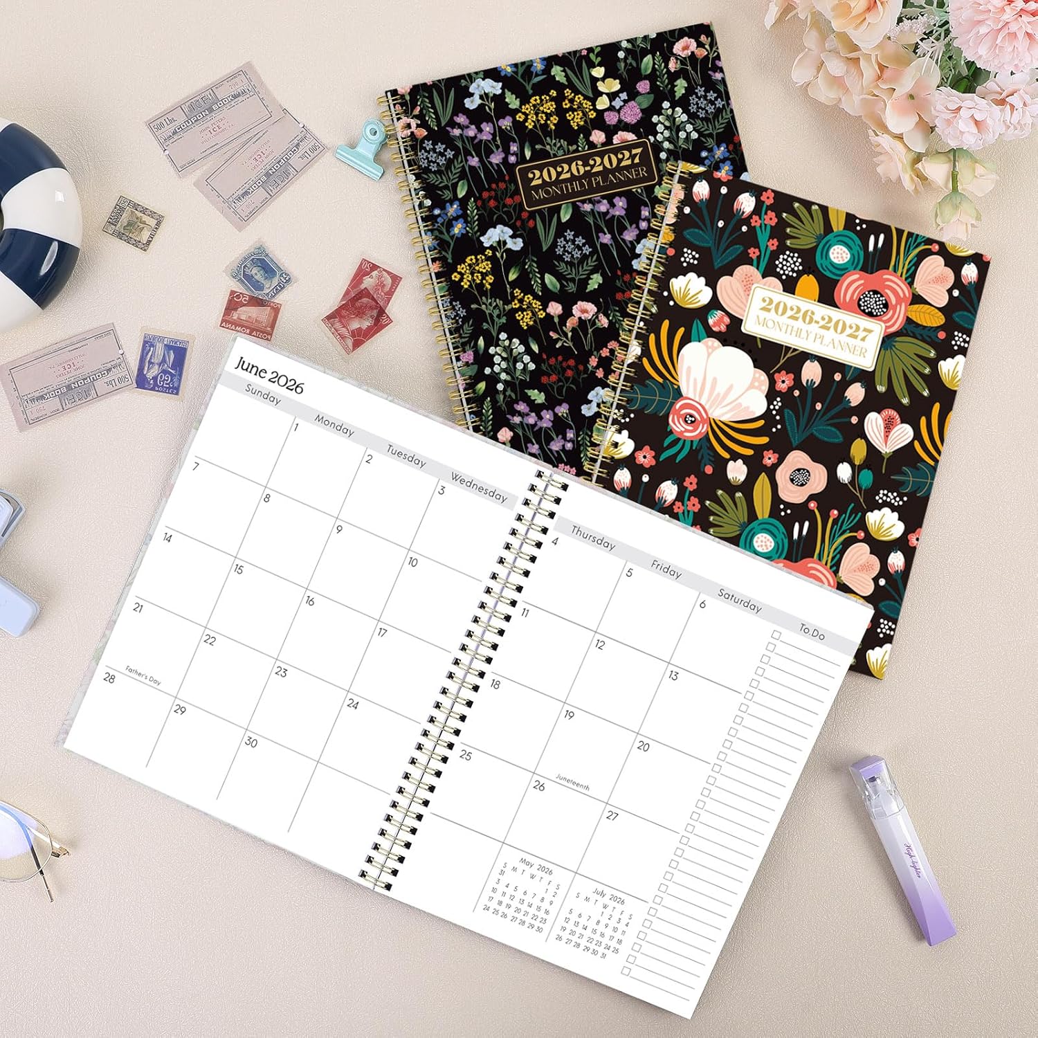 SKYDUE Monthly Planner 2026-2027, 24 Months Calendar Planner 2026-2027, 7.5" x 10" B5 Planner, Twin-wire Spiral Bound, Durable Waterproof Cover, Thick No-Bleed Paper, Floral