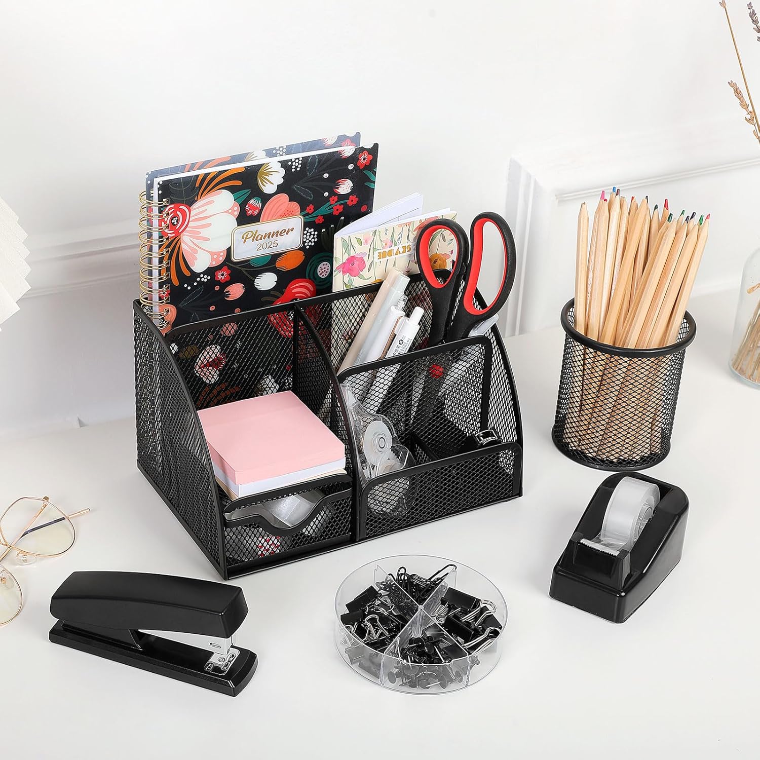 SKYDUE Pink Desk Accessories, Pink Office Supplies Set, Mesh Desk Organizer, Stapler, Tape Dispenser, Scissors, Binder/Paper Clips and 1000pcs Staples,Desk Organizer for Women