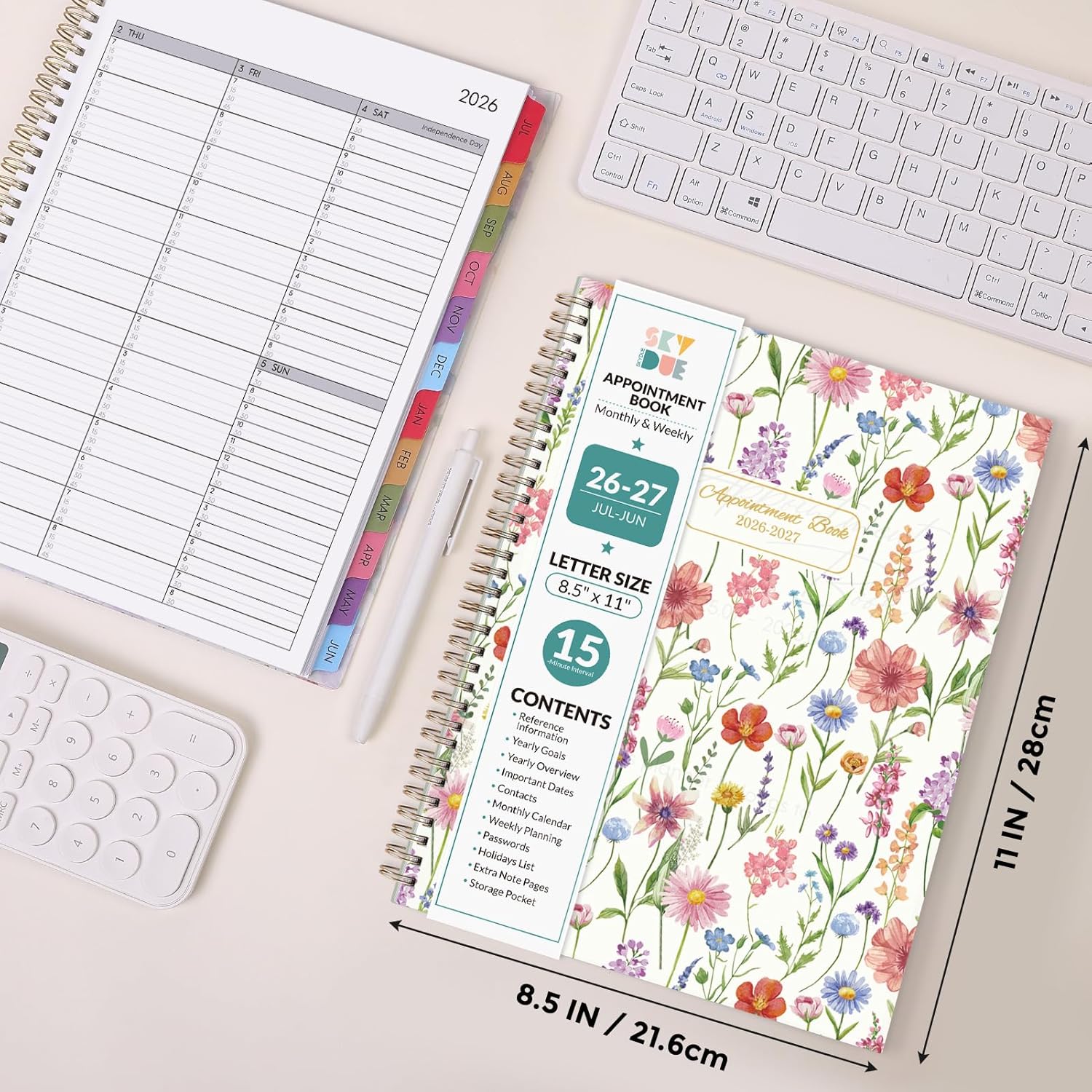 SKYDUE Appointment Book 2026-2027, Academic Hourly Planner from July 2026 - June 2027, 8.5" x 11" Weekly & Monthly Schedule Planner with 15-Minute Interval- Perfect for Daily Planning White Flower