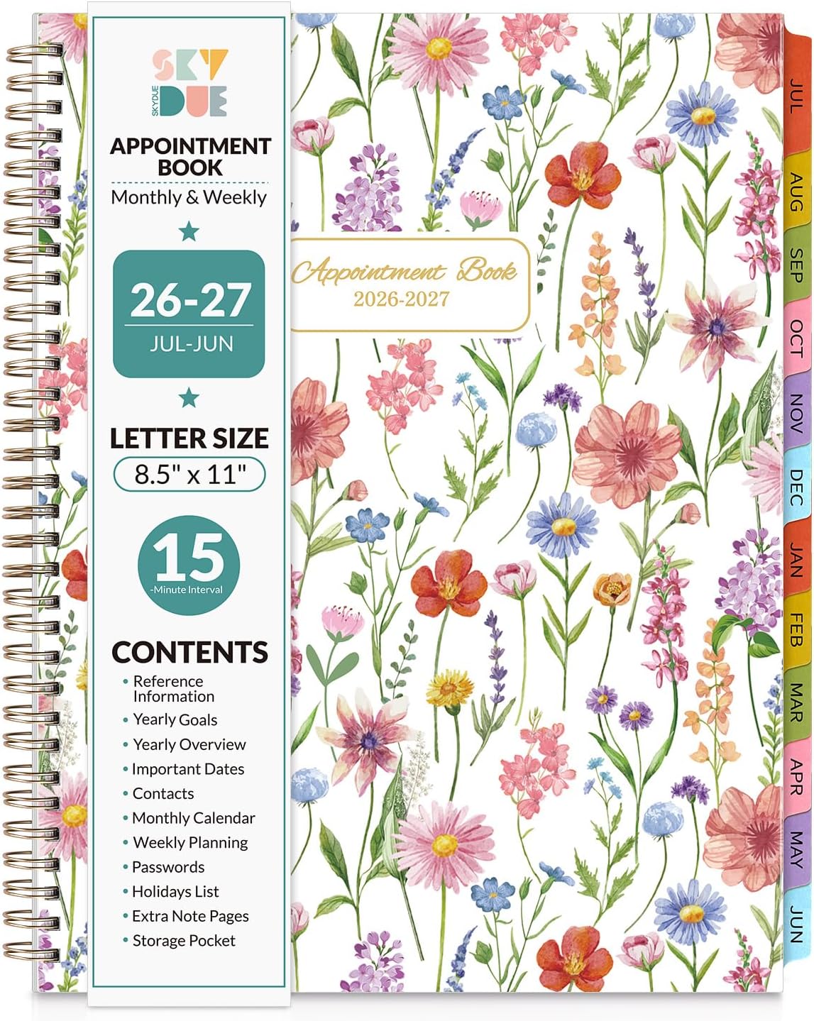 SKYDUE Appointment Book 2026-2027, Academic Hourly Planner from July 2026 - June 2027, 8.5" x 11" Weekly & Monthly Schedule Planner with 15-Minute Interval- Perfect for Daily Planning White Flower