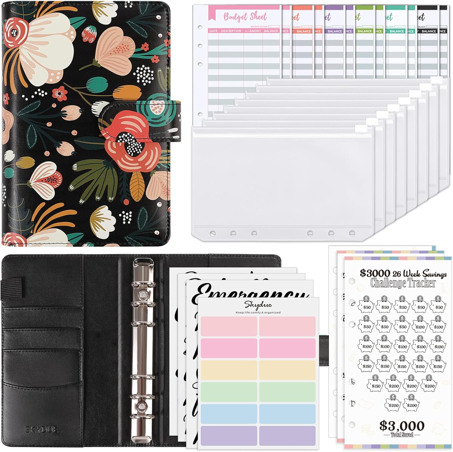 SKYDUE Budget Binder, Money Saving Binder with Zipper Envelopes, Cash Envelopes and Expense Budget Sheets for Budgeting
