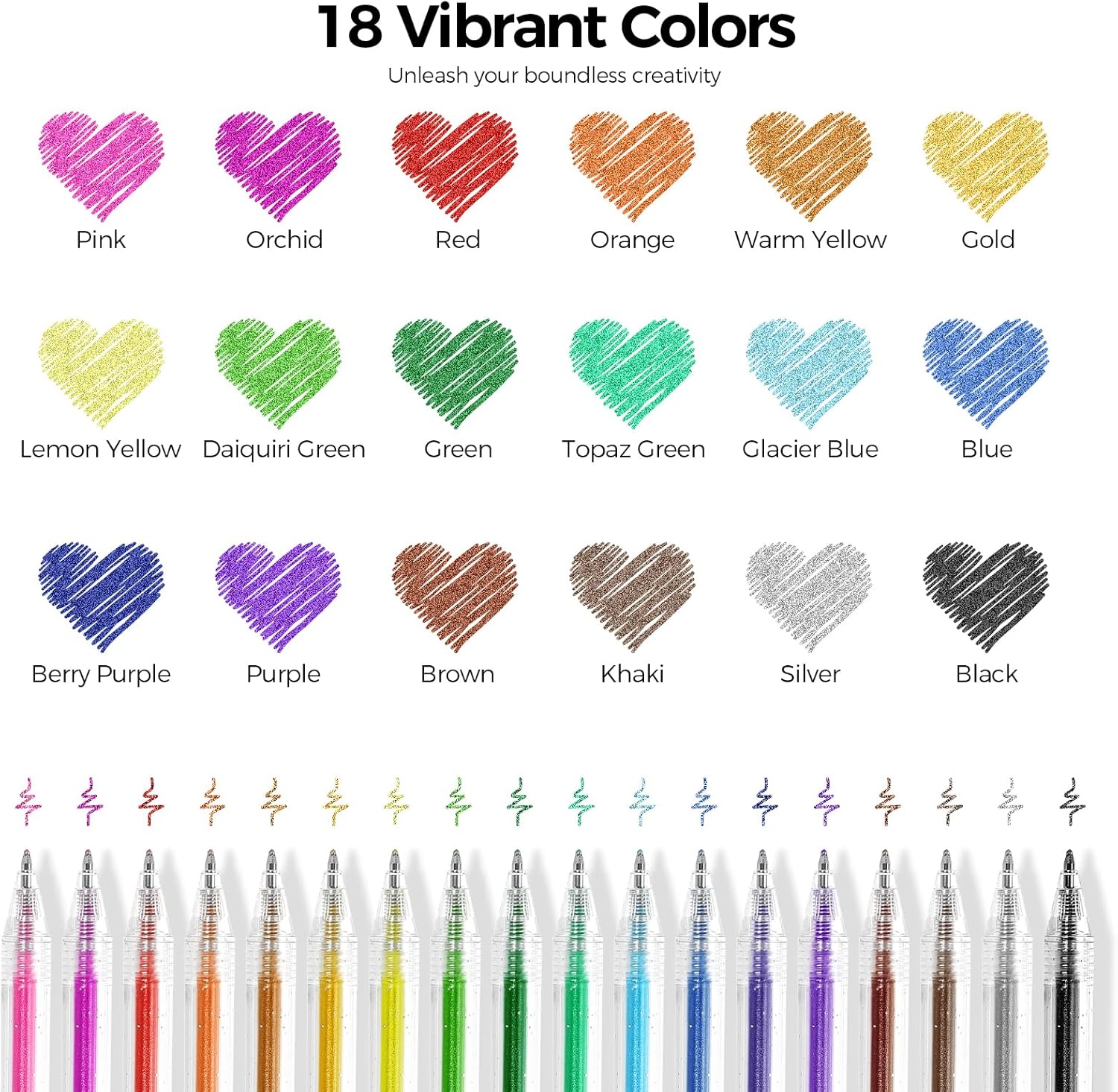 SKYDUE Glitter Gel Pens Set, 18 Colors Retractable Sparkle Glitter Pens for Coloring Books, Drawing, Journaling, Scrapbooking & DIY Crafts – Smooth Writing & Non-Toxic Art Pens