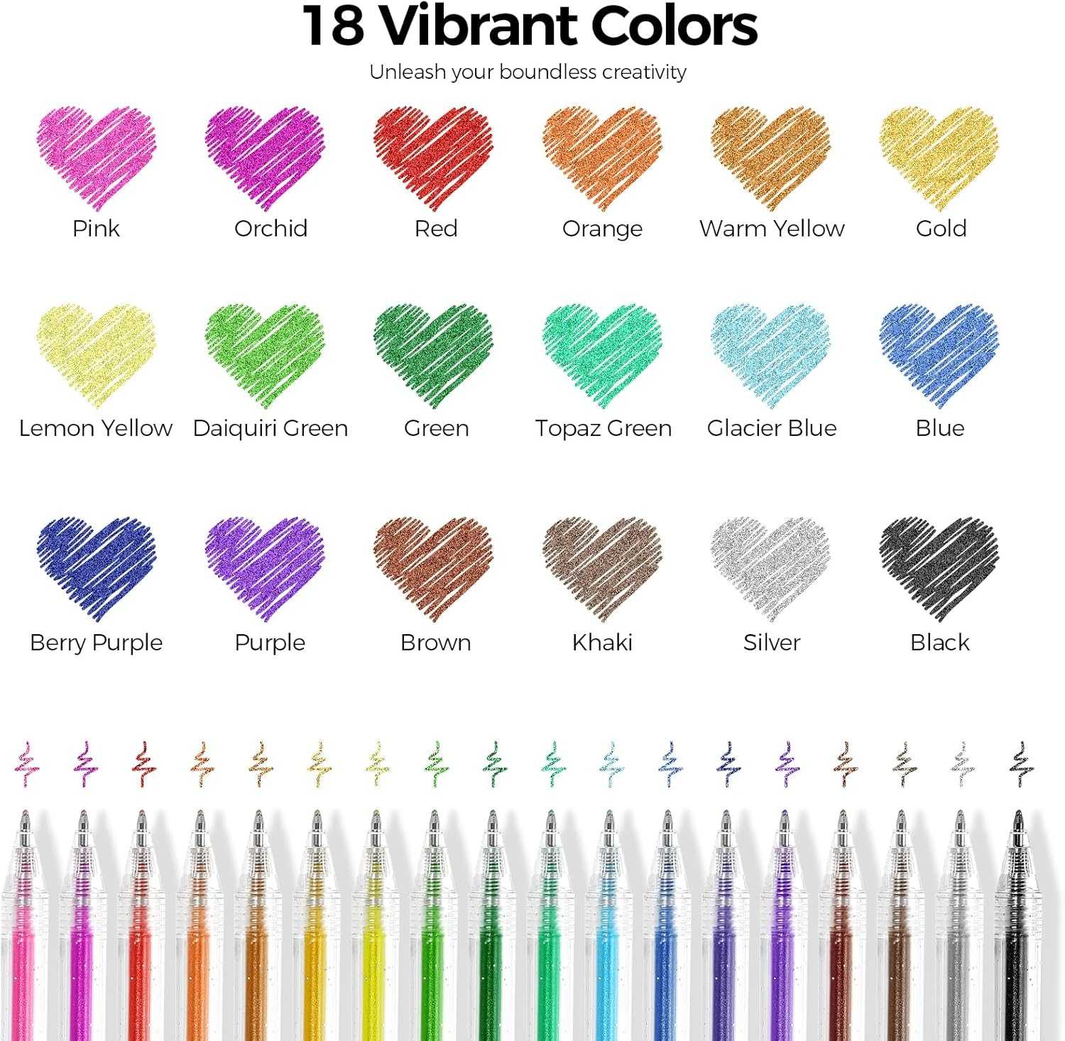 SKYDUE 18 Color Glitter Gel Pens, Retractable Sparkle Glitter Pens for Coloring Books, Adult, Kids, Art Creators