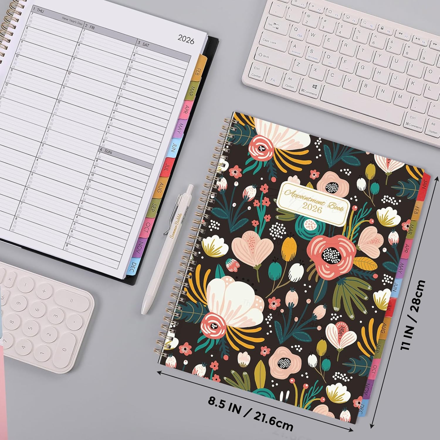SKYDUE Appointment Book 2026-2027, Academic Hourly Planner from July 2026 - June 2027, 8.5" x 11" Weekly & Monthly Schedule Planner with 15-Minute Interval- Perfect for Daily Planning White Flower