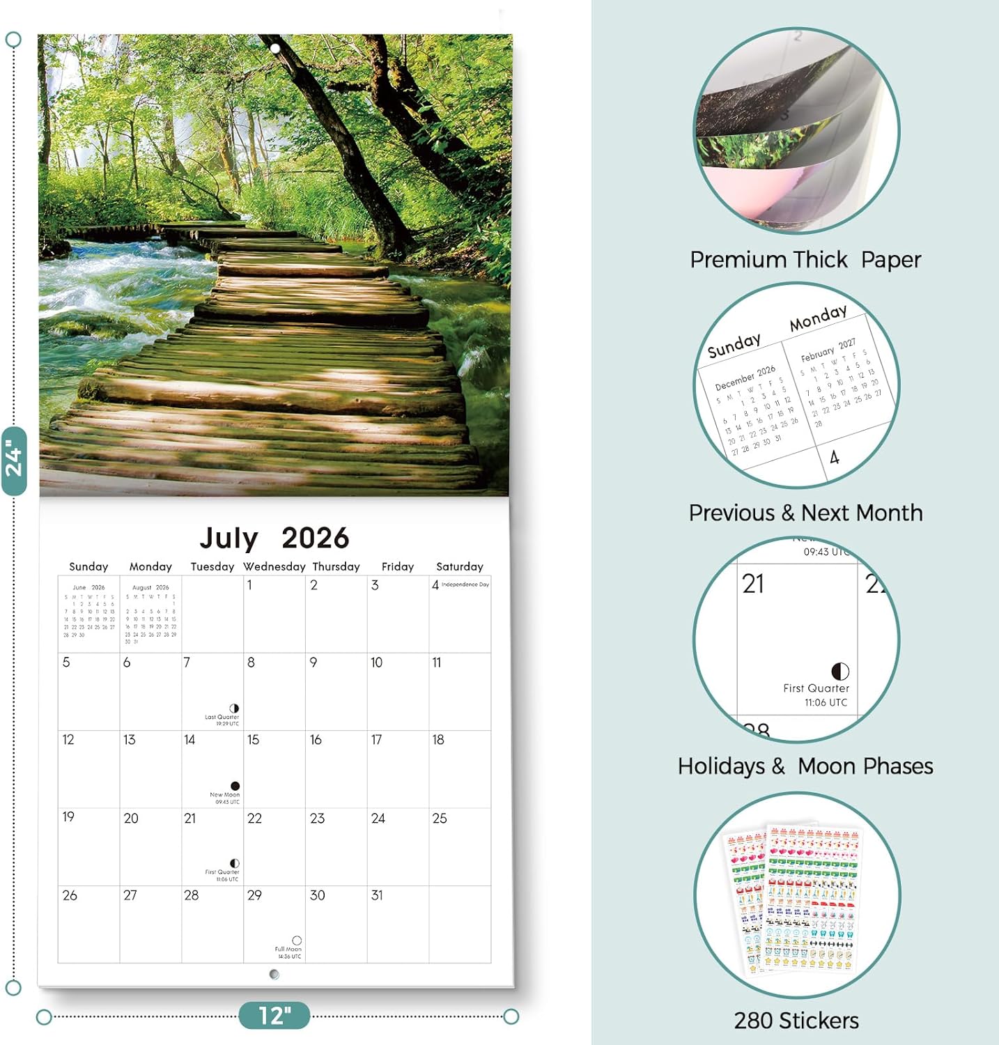 SKYDUE 2026 Wall Calendar 12"x24" Opened, 18-Month Puppy Dog Calendar from January 2026 to June 2027 with Stickers, Thick Paper Monthly Calendar for Home Office Organizing & Planning