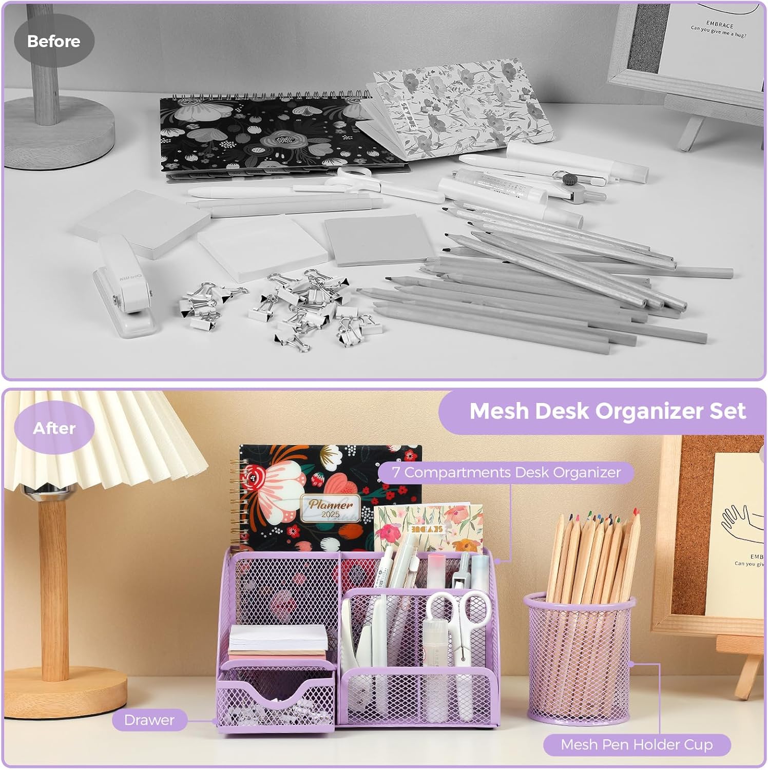SKYDUE Pink Desk Accessories, Pink Office Supplies Set, Mesh Desk Organizer, Stapler, Tape Dispenser, Scissors, Binder/Paper Clips and 1000pcs Staples,Desk Organizer for Women