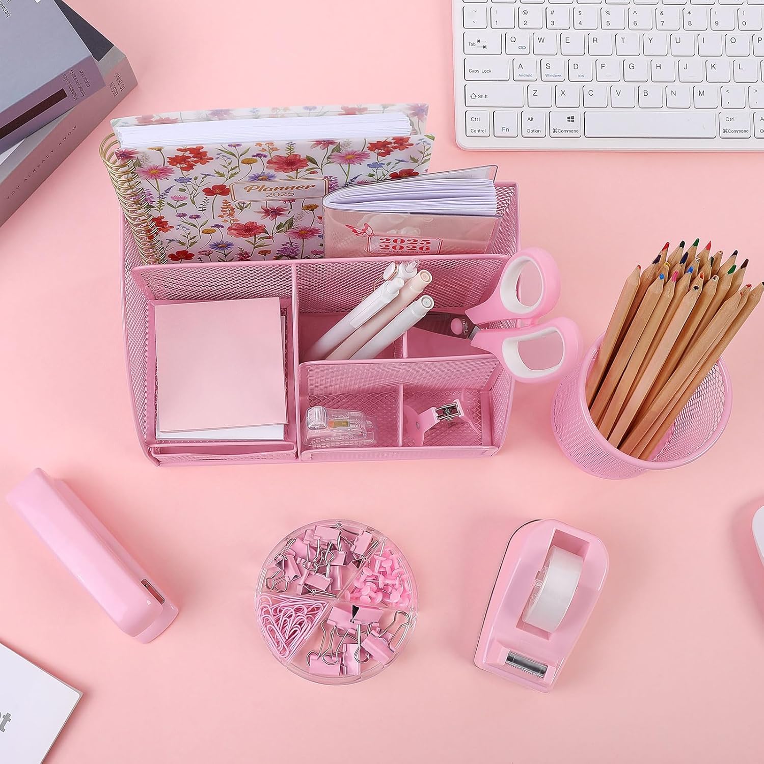 SKYDUE Pink Desk Accessories, Pink Office Supplies Set, Mesh Desk Organizer, Stapler, Tape Dispenser, Scissors, Binder/Paper Clips and 1000pcs Staples,Desk Organizer for Women